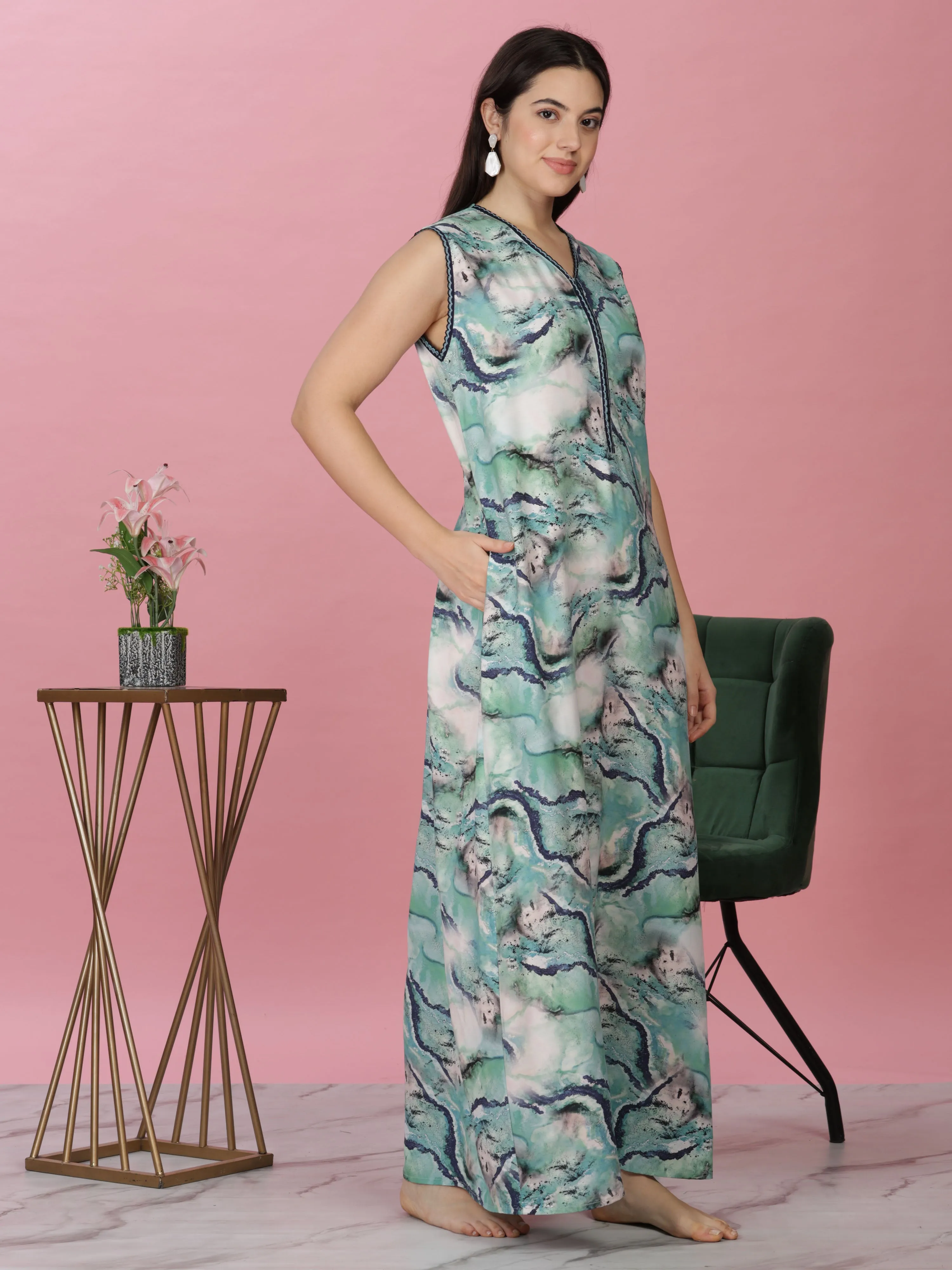 Aqua Marble Print Sleeveless Rayon Nighty - Luxe Women's Loungewear