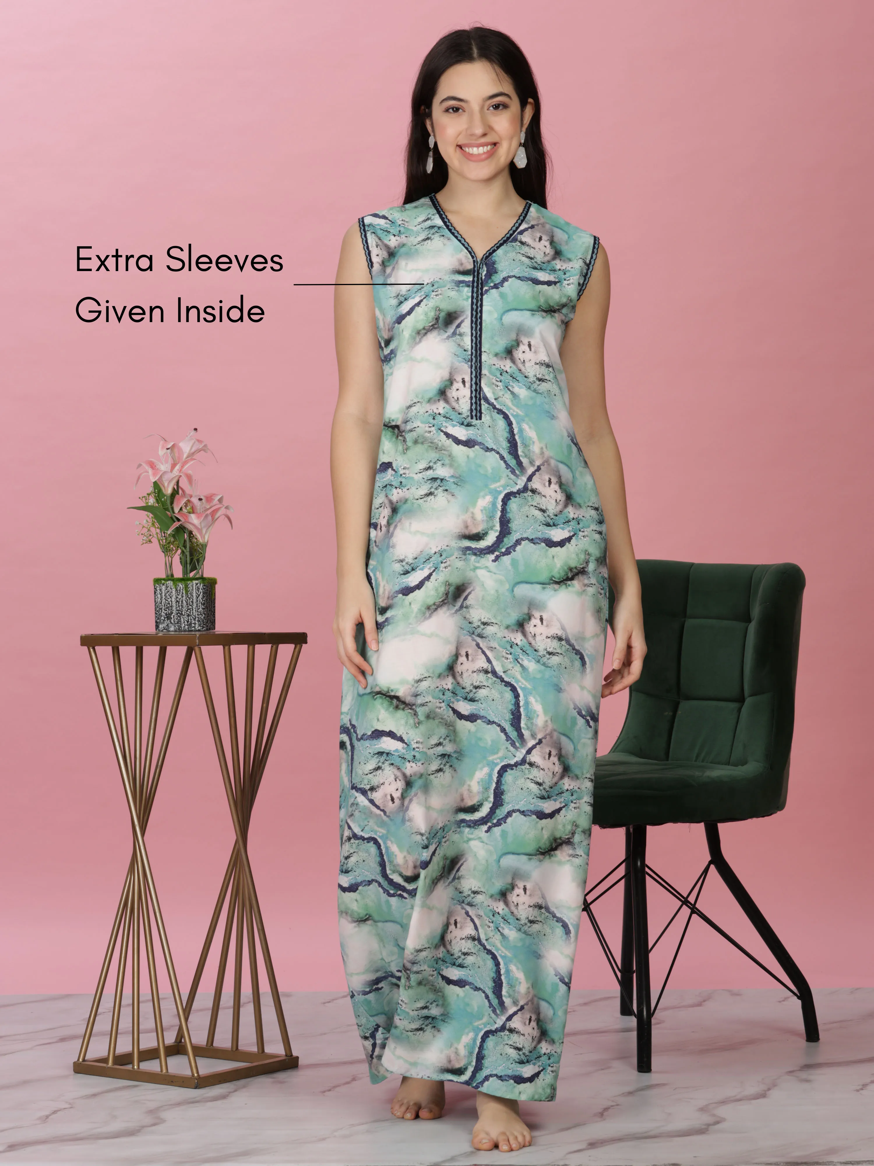 Aqua Marble Print Sleeveless Rayon Nighty - Luxe Women's Loungewear