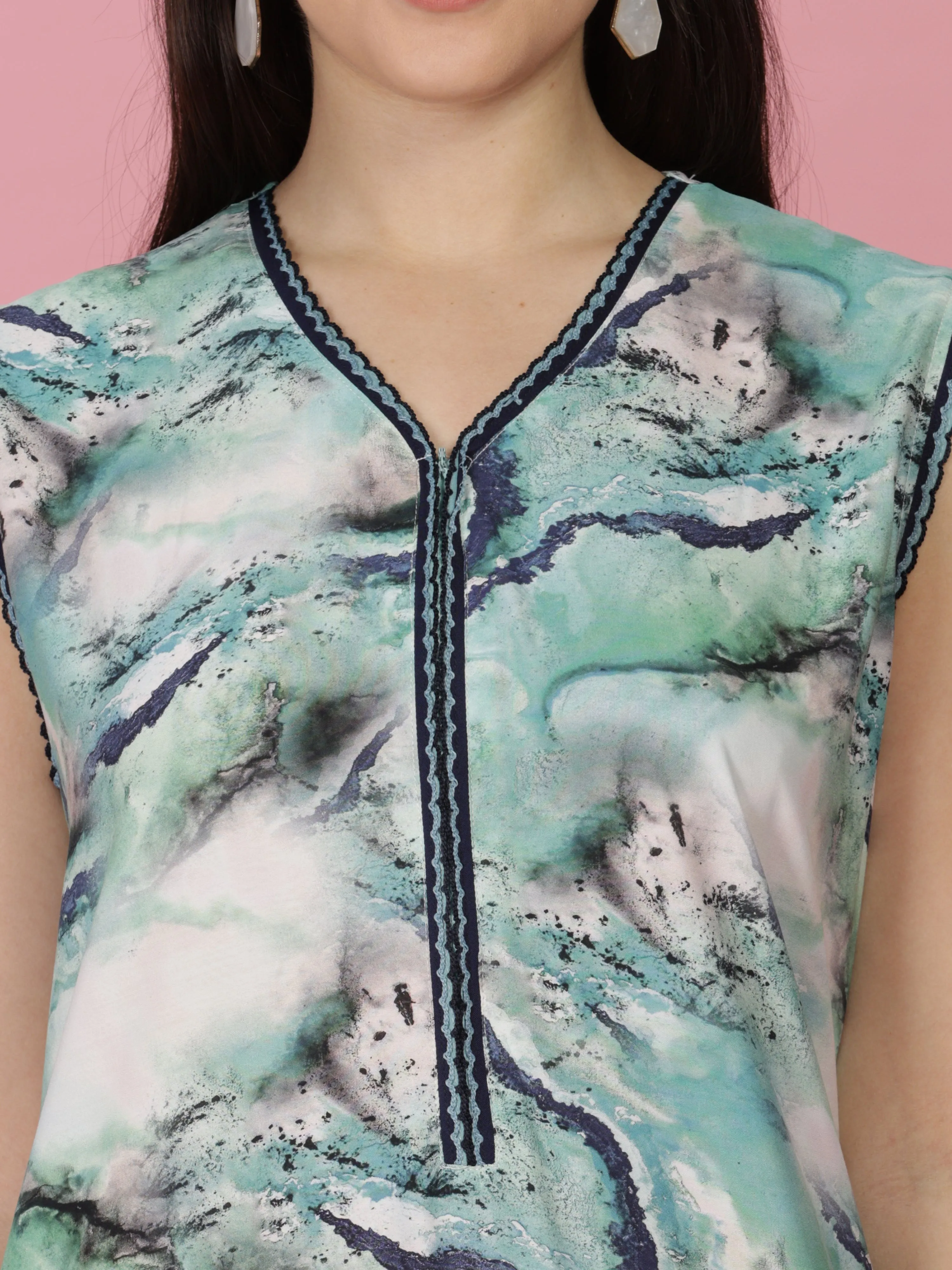 Aqua Marble Print Sleeveless Rayon Nighty - Luxe Women's Loungewear