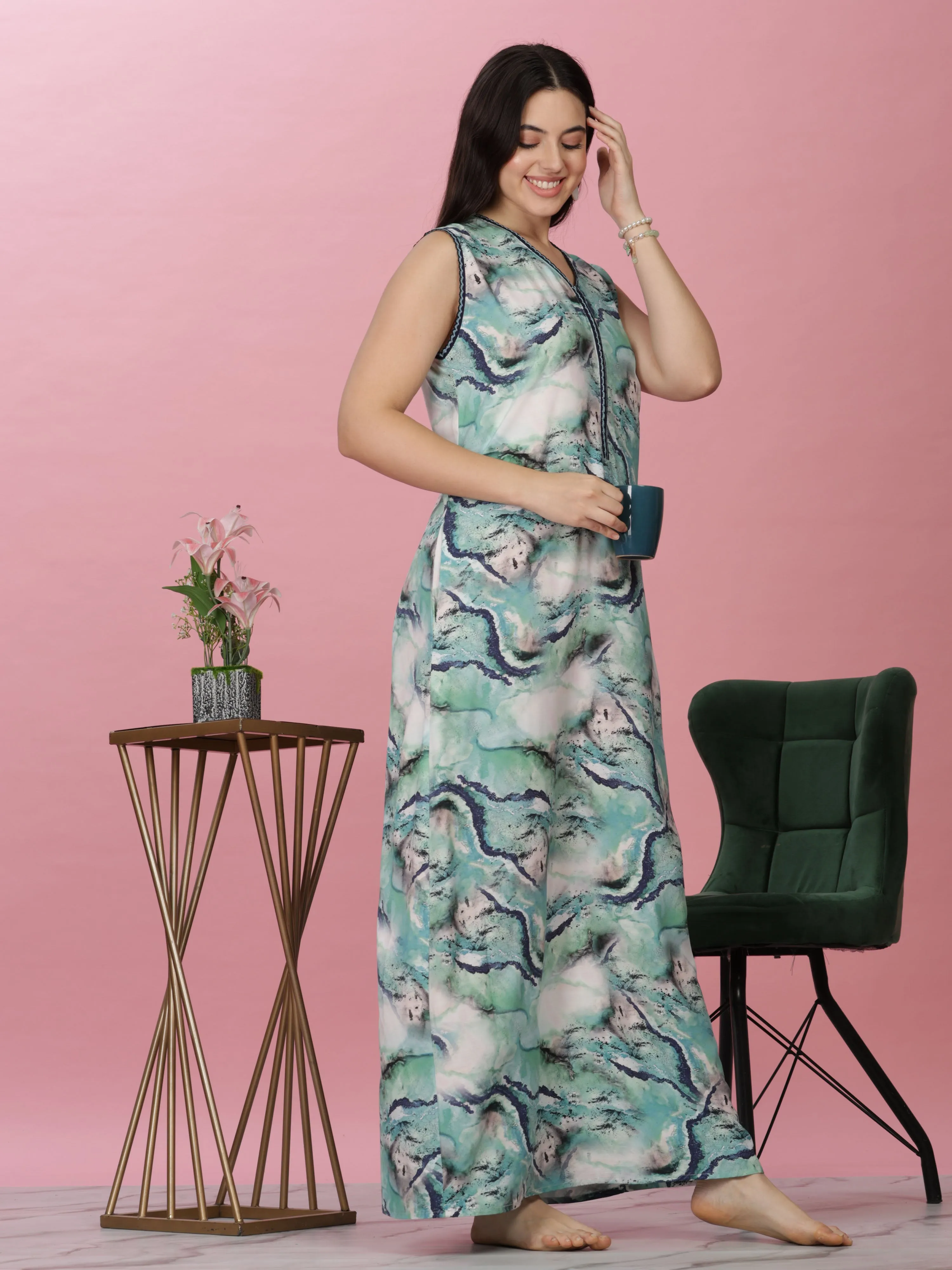 Aqua Marble Print Sleeveless Rayon Nighty - Luxe Women's Loungewear