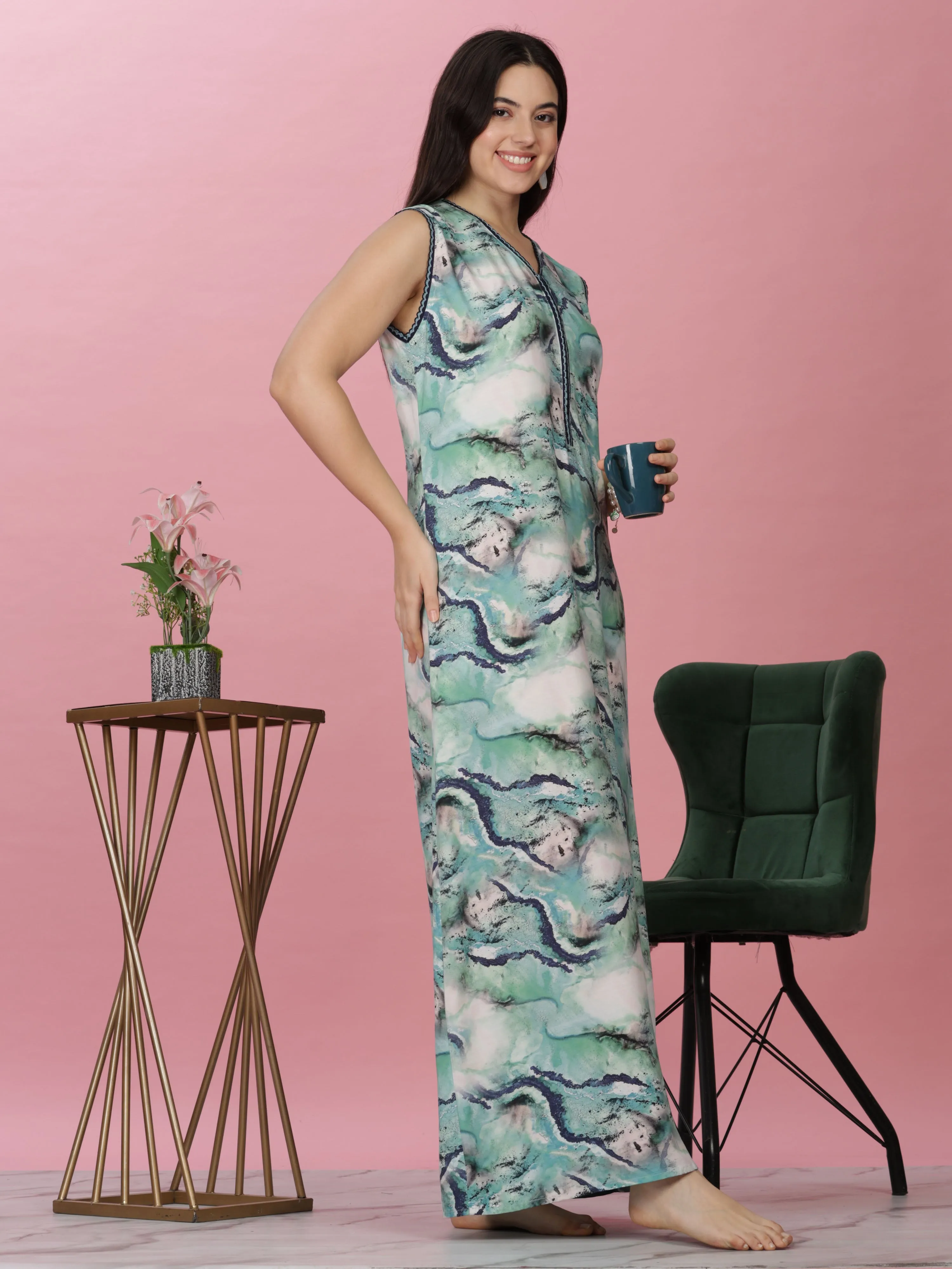 Aqua Marble Print Sleeveless Rayon Nighty - Luxe Women's Loungewear