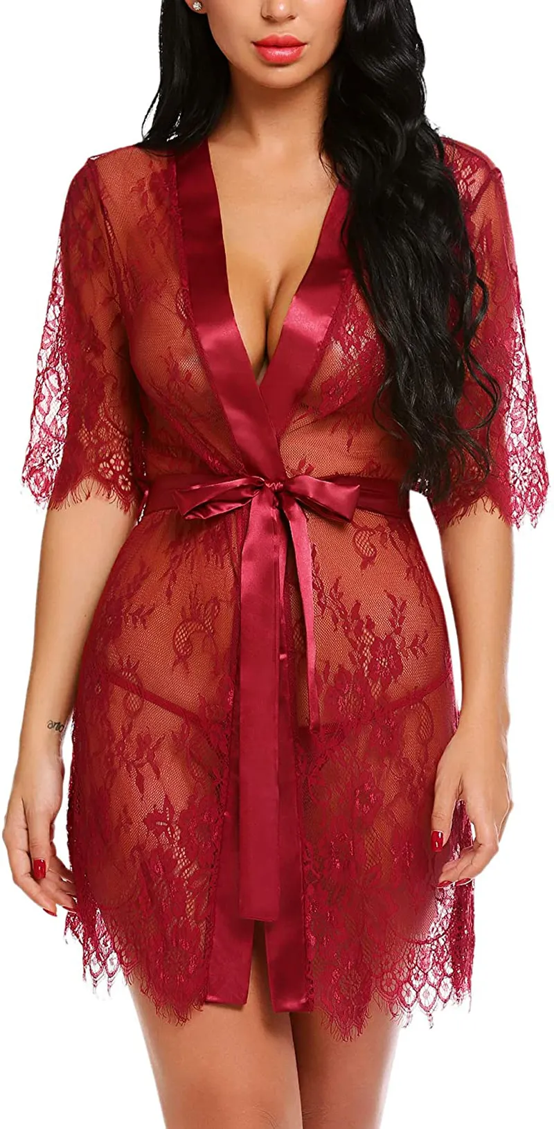 Avidlove Women Kimono Robe Floral Lace Babydoll Lingerie Sheer Mesh Nightgown