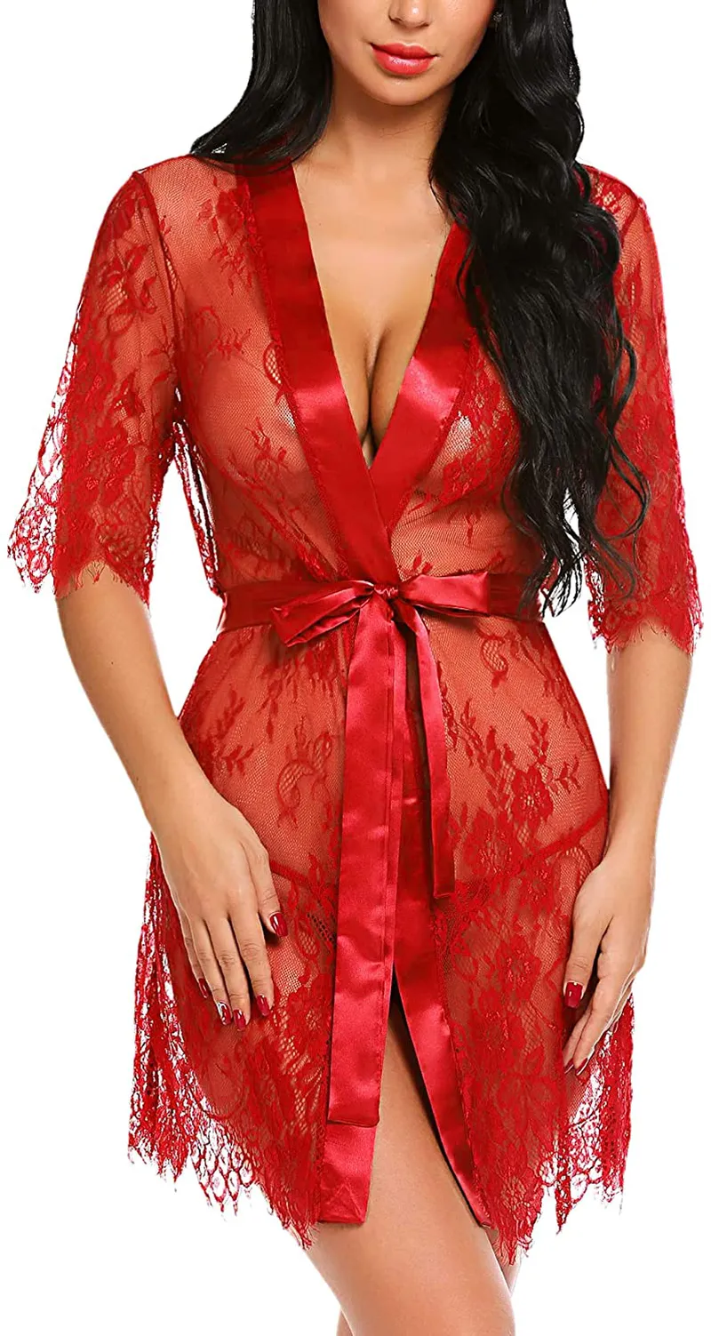 Avidlove Women Kimono Robe Floral Lace Babydoll Lingerie Sheer Mesh Nightgown