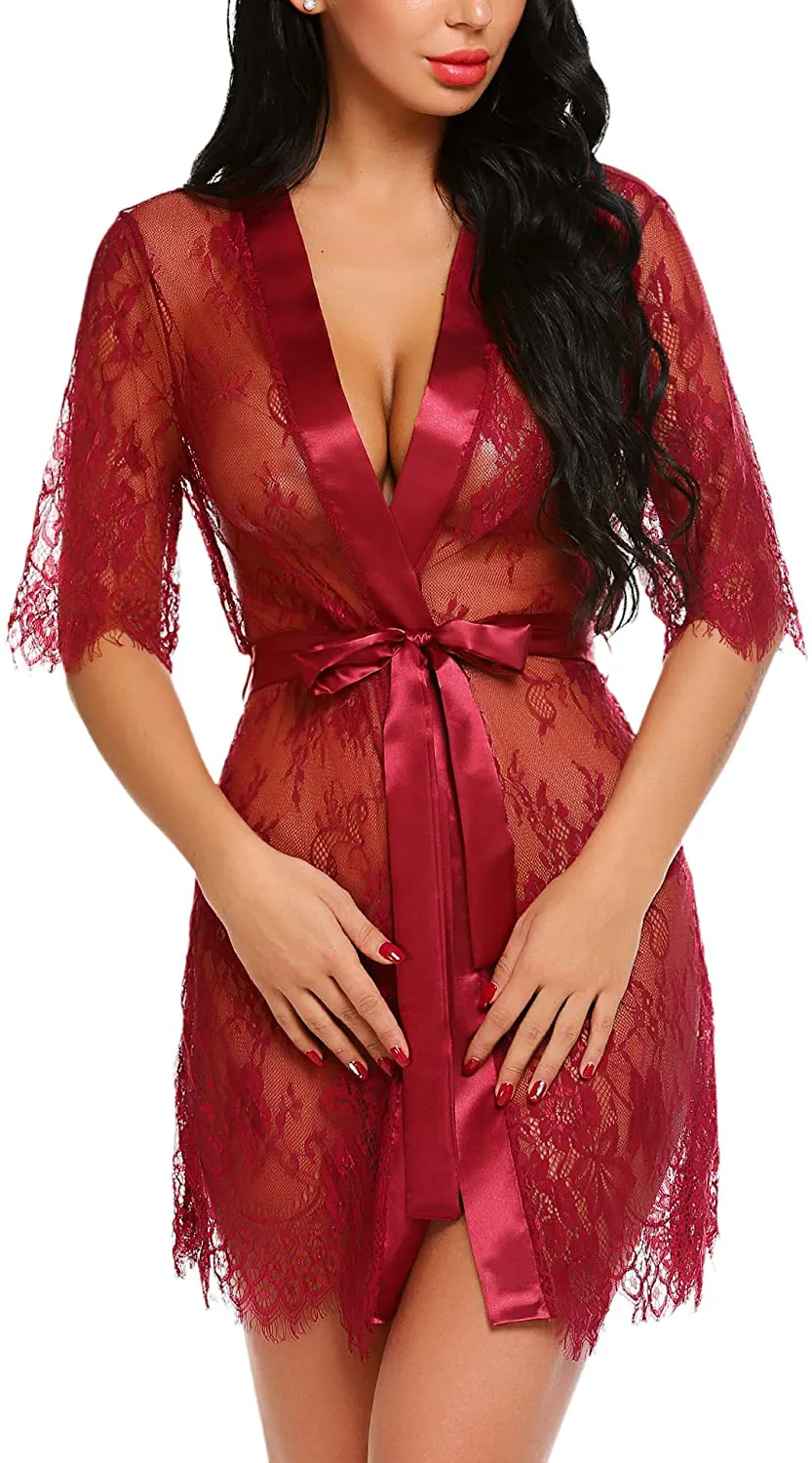 Avidlove Women Kimono Robe Floral Lace Babydoll Lingerie Sheer Mesh Nightgown