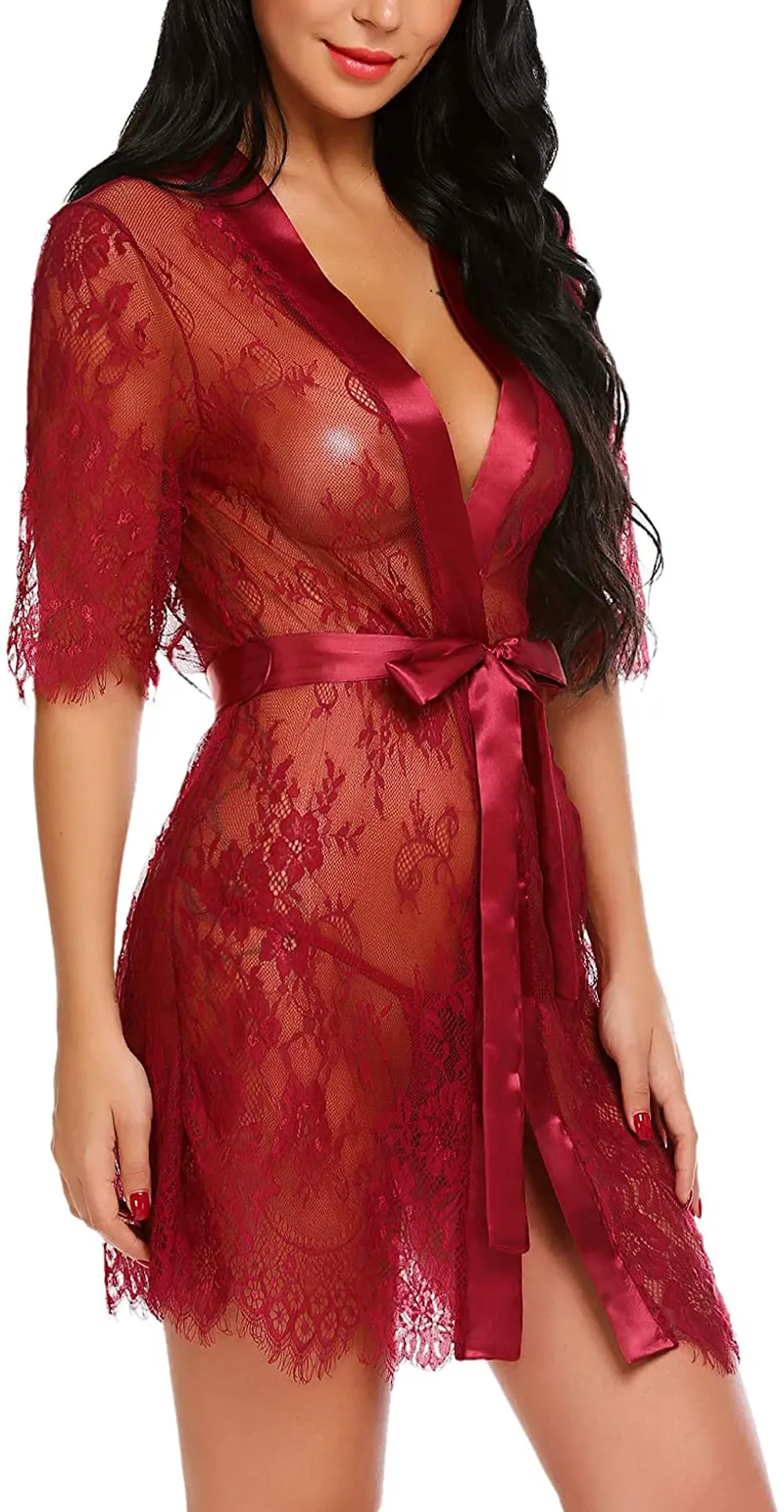 Avidlove Women Kimono Robe Floral Lace Babydoll Lingerie Sheer Mesh Nightgown