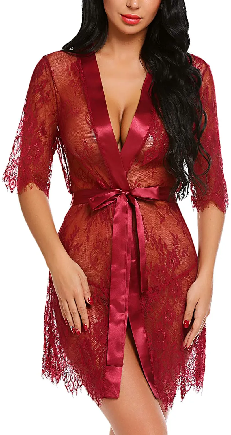 Avidlove Women Kimono Robe Floral Lace Babydoll Lingerie Sheer Mesh Nightgown