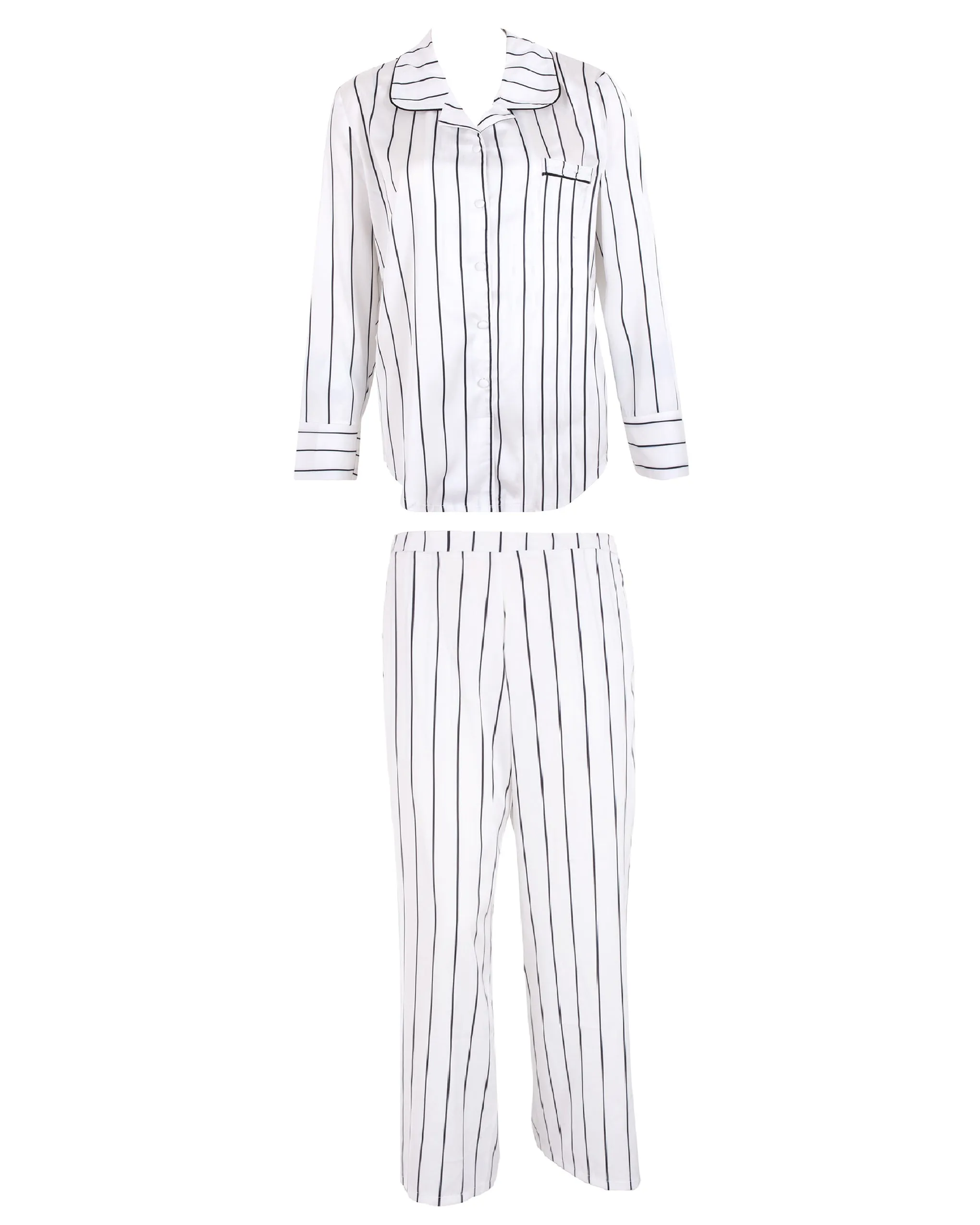 Beau Luxury Satin Long Pajama Set White/Black