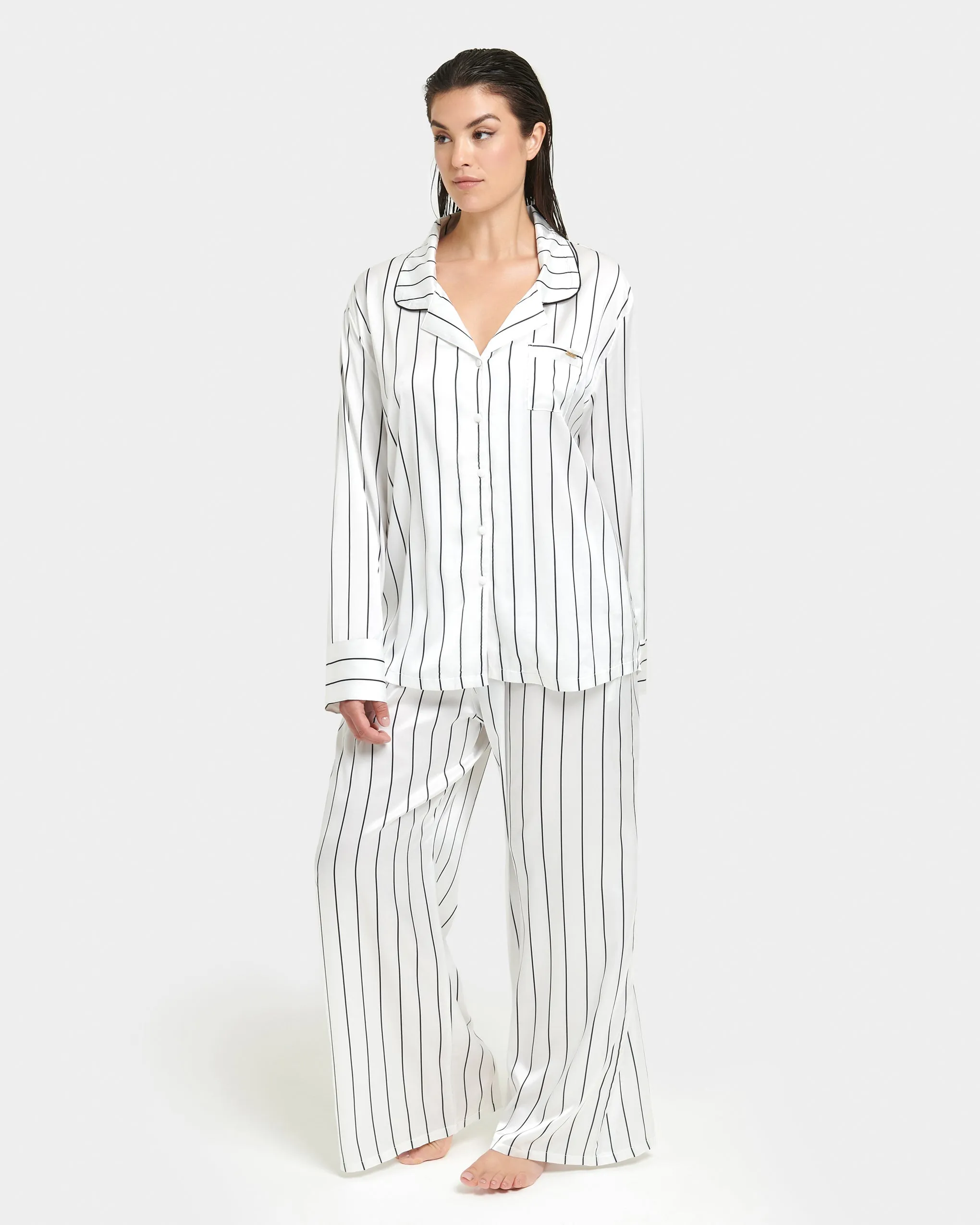 Beau Luxury Satin Long Pajama Set White/Black