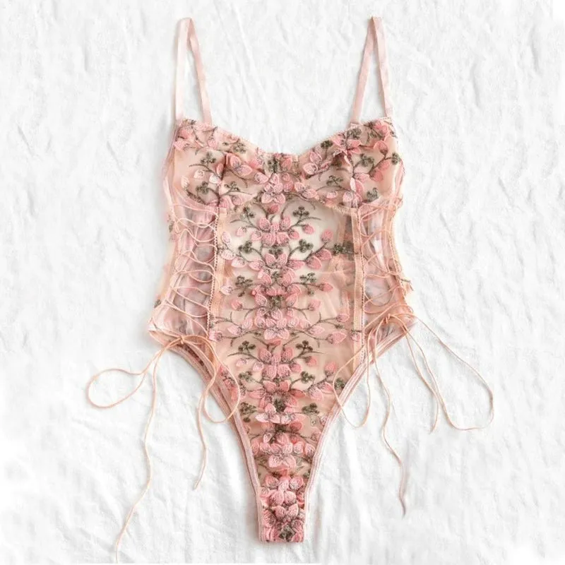 Beige Floral Bodysuit Lingerie