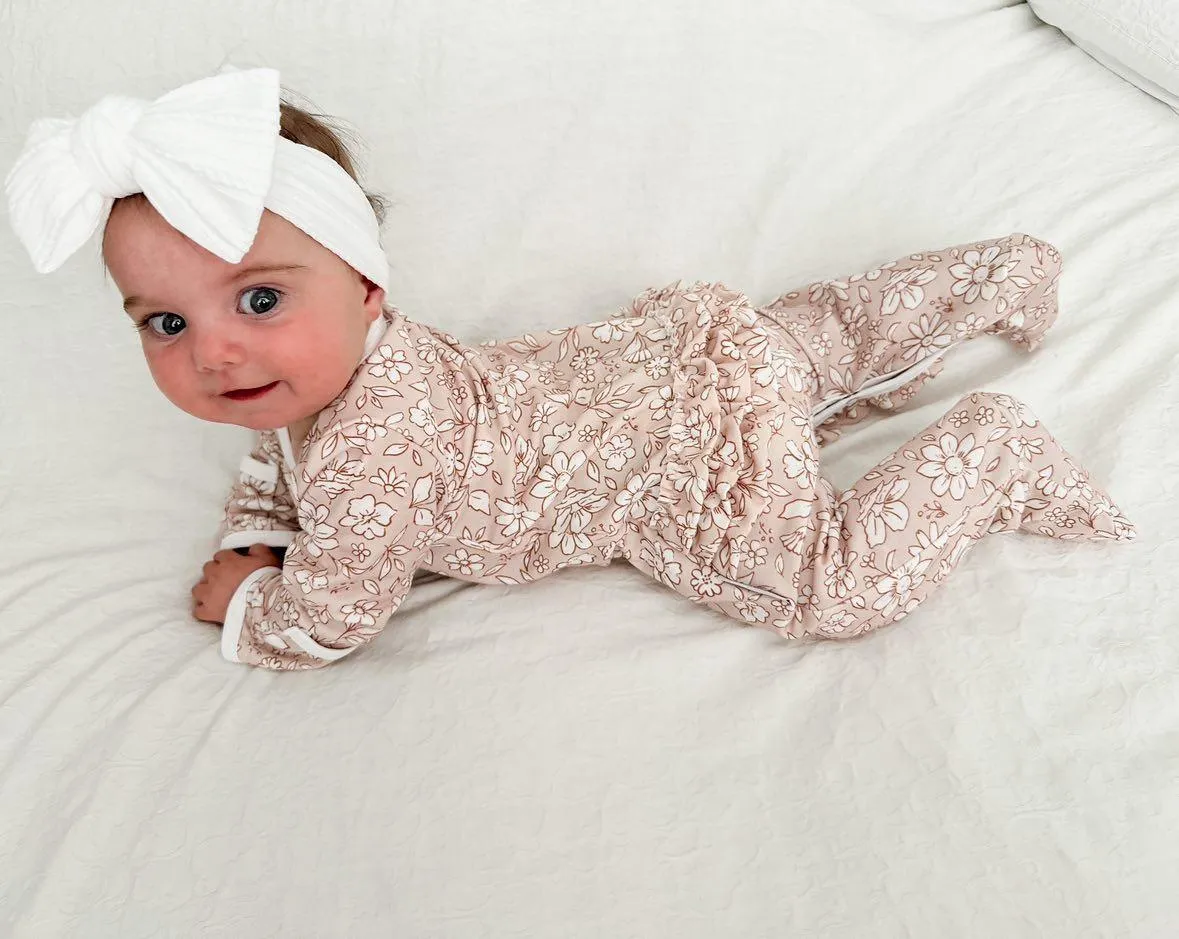 Beige Floral Print Frill Detail Sleepsuit