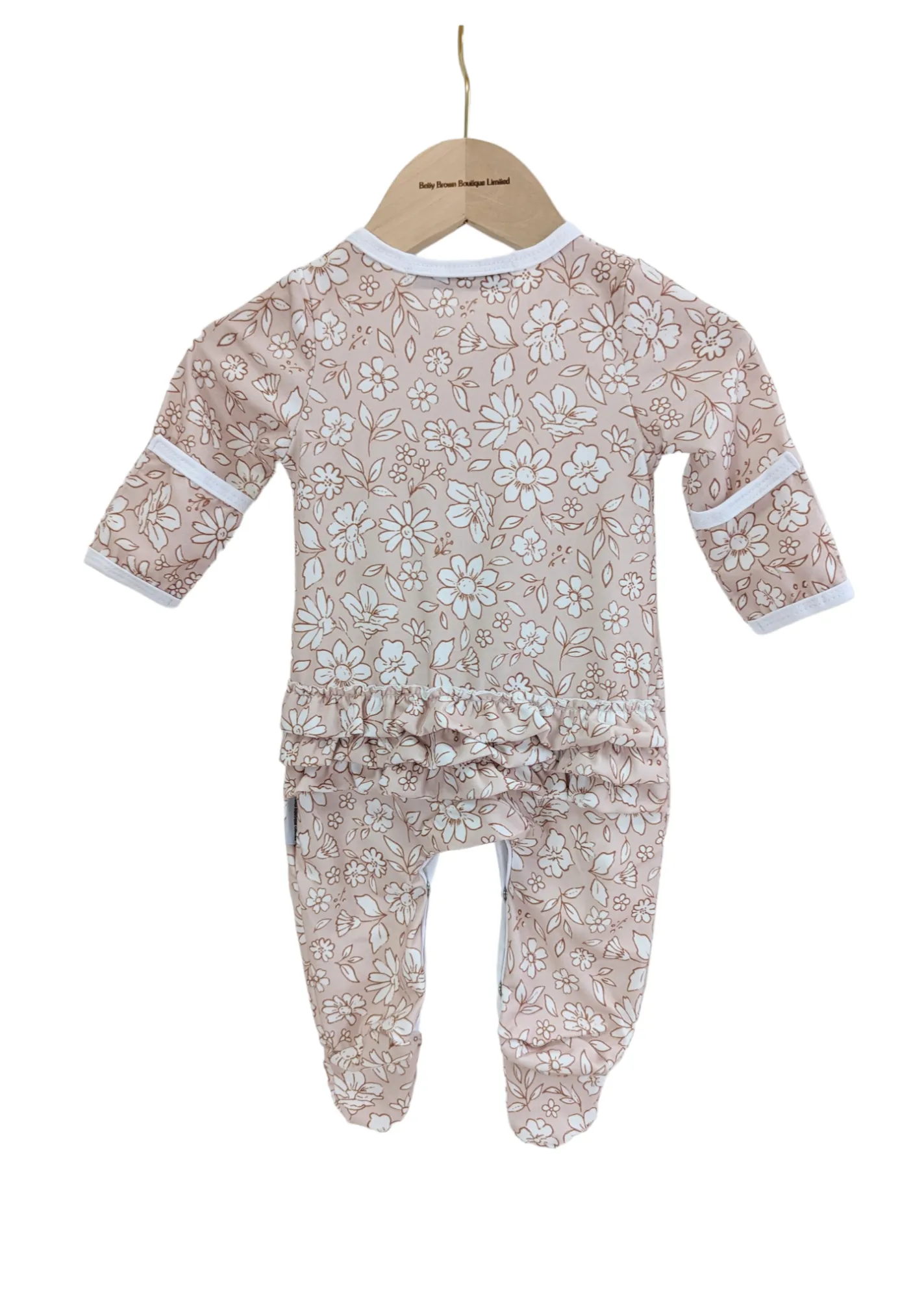 Beige Floral Print Frill Detail Sleepsuit