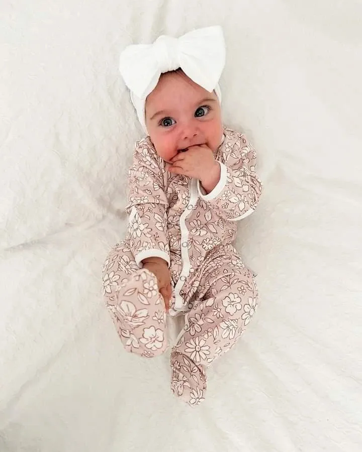 Beige Floral Print Frill Detail Sleepsuit