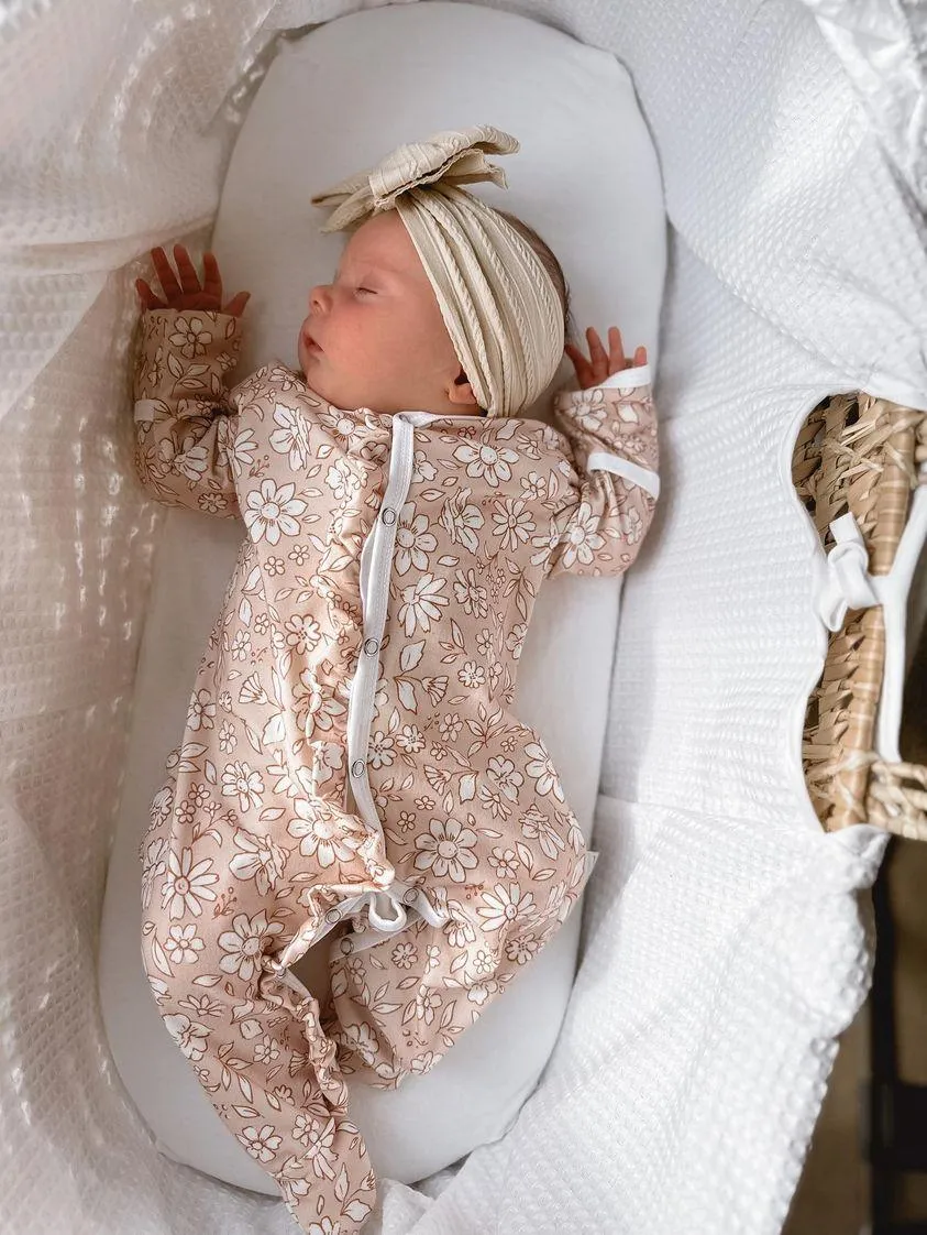 Beige Floral Print Frill Detail Sleepsuit