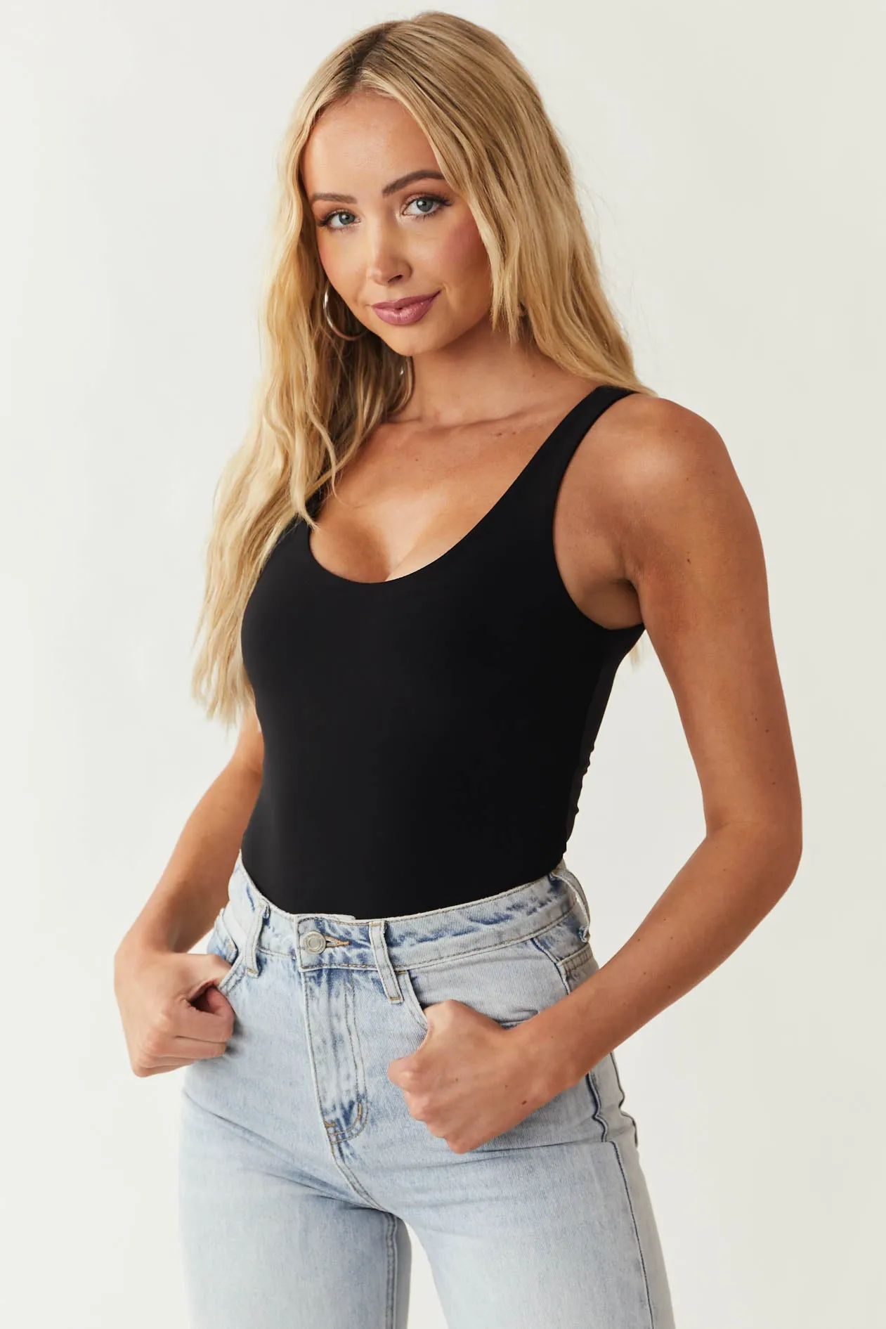 Black Scoop Neck Sleeveless Silky Knit Bodysuit