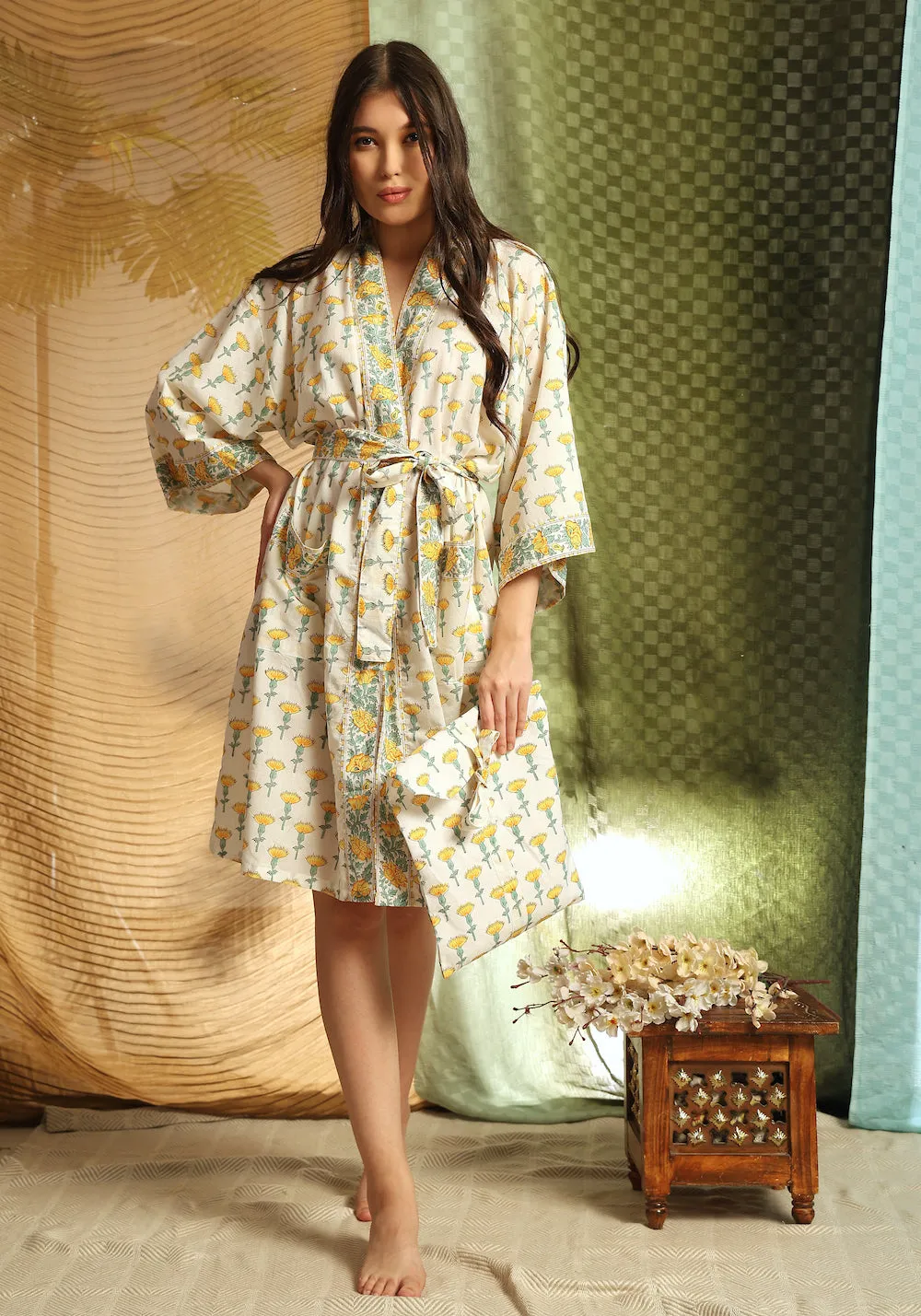 Block Printed Robe: Lemon