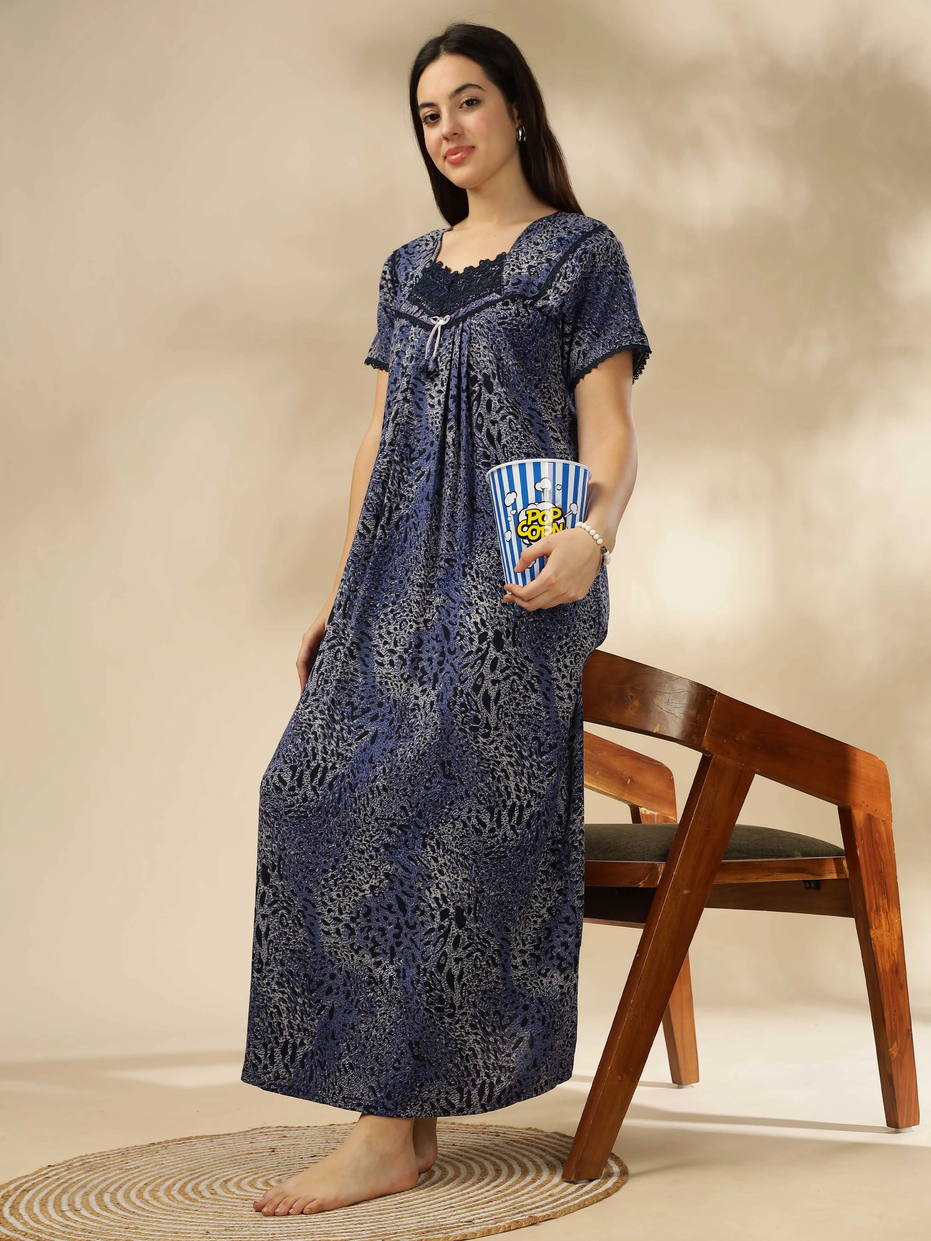 Blue Alpine Pleated Designer Nighty for Women With Soft & Elegant