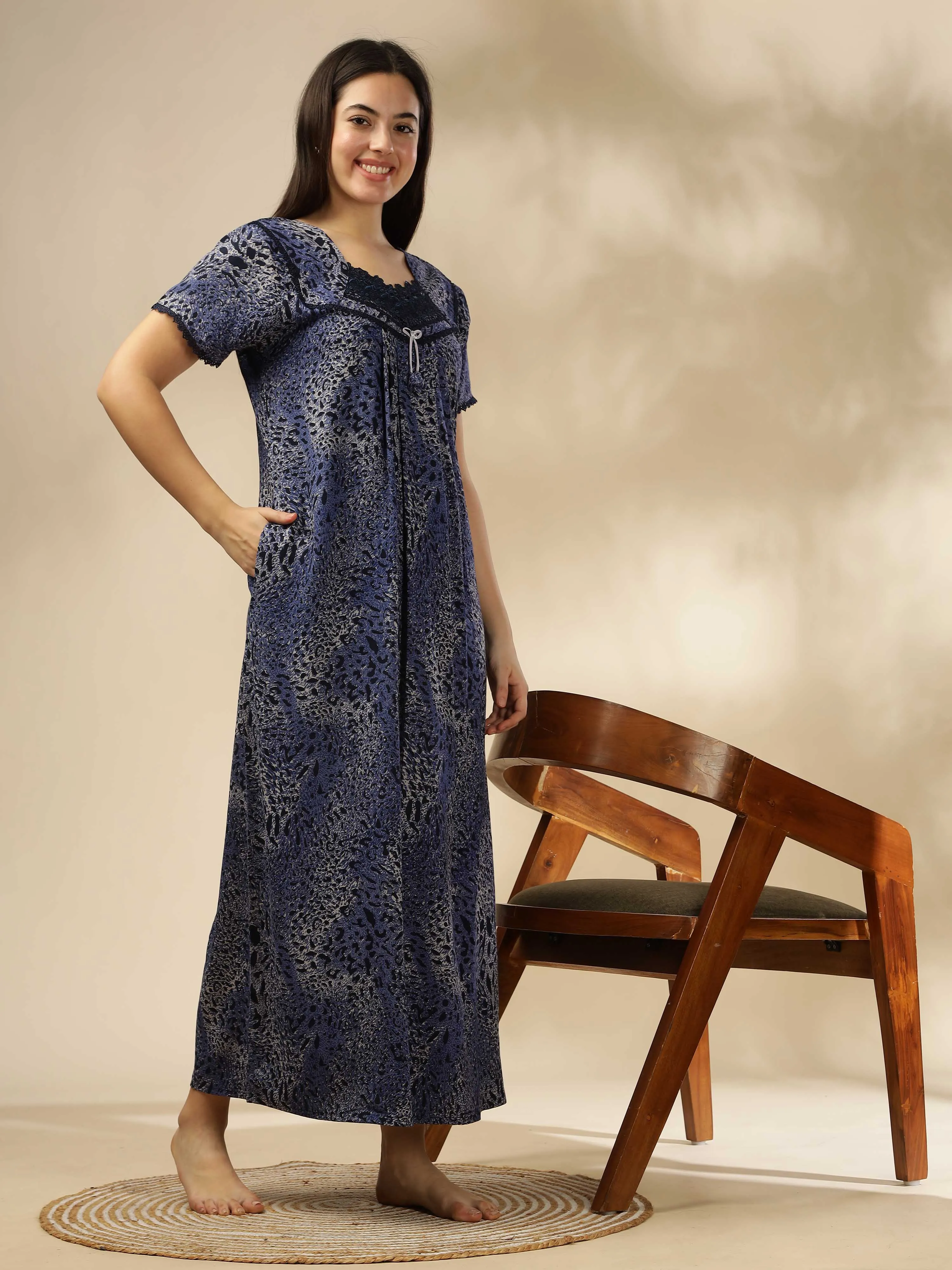 Blue Alpine Pleated Designer Nighty for Women With Soft & Elegant