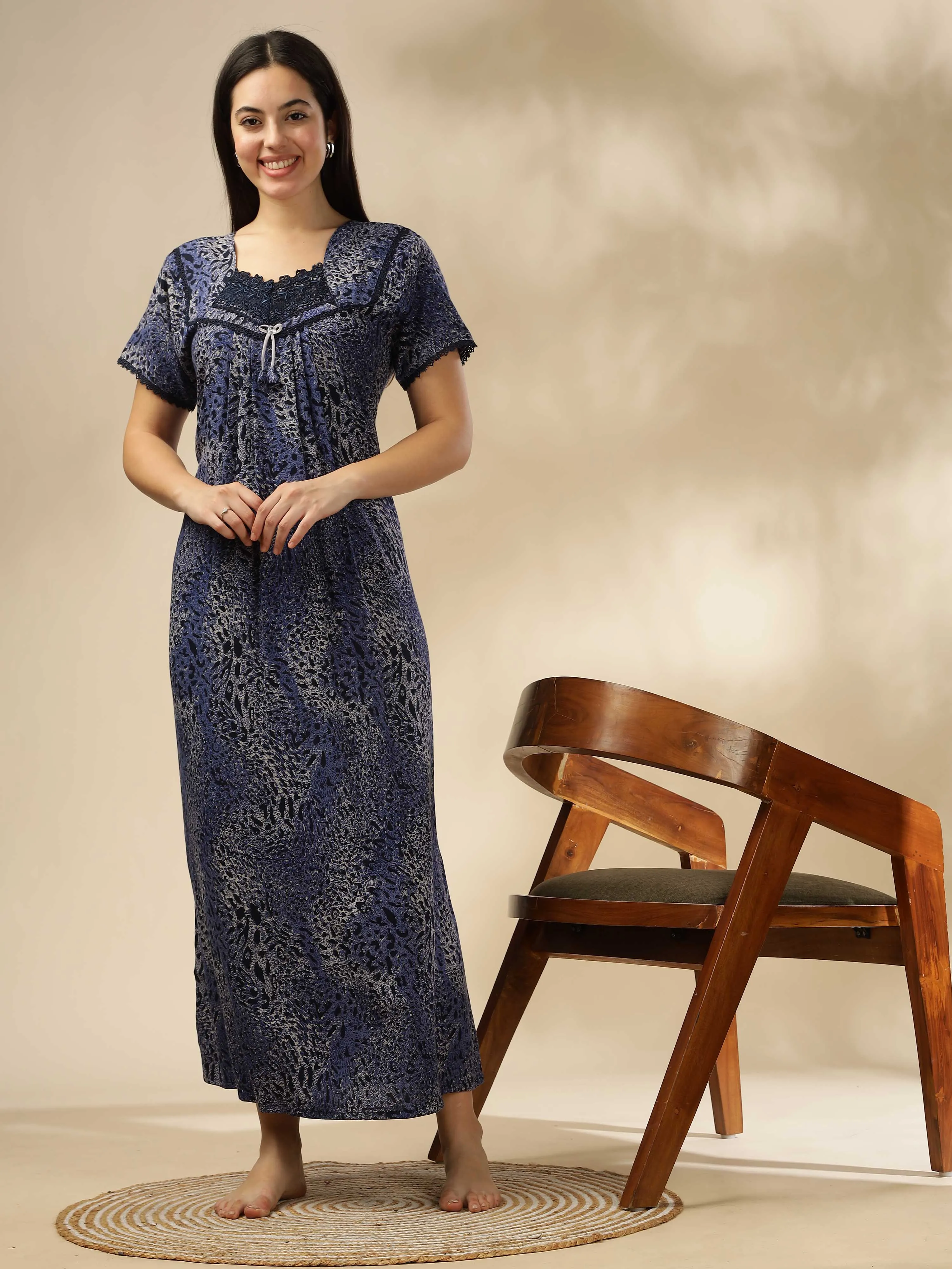 Blue Alpine Pleated Designer Nighty for Women With Soft & Elegant