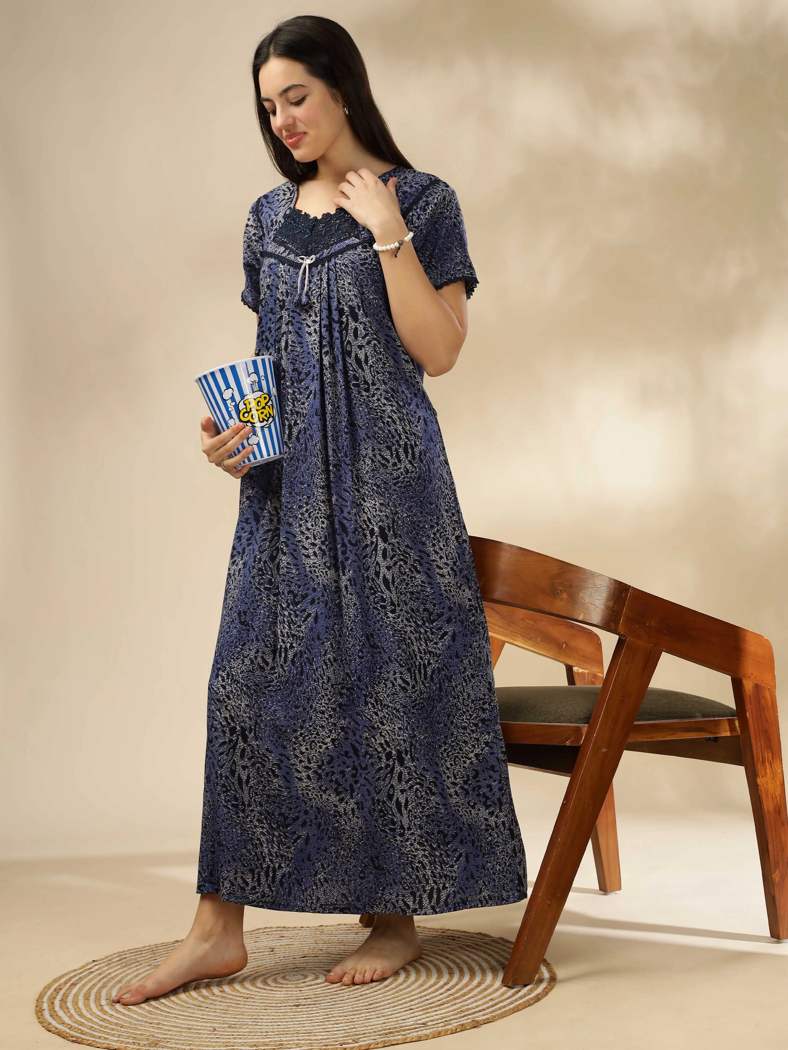 Blue Alpine Pleated Designer Nighty for Women With Soft & Elegant