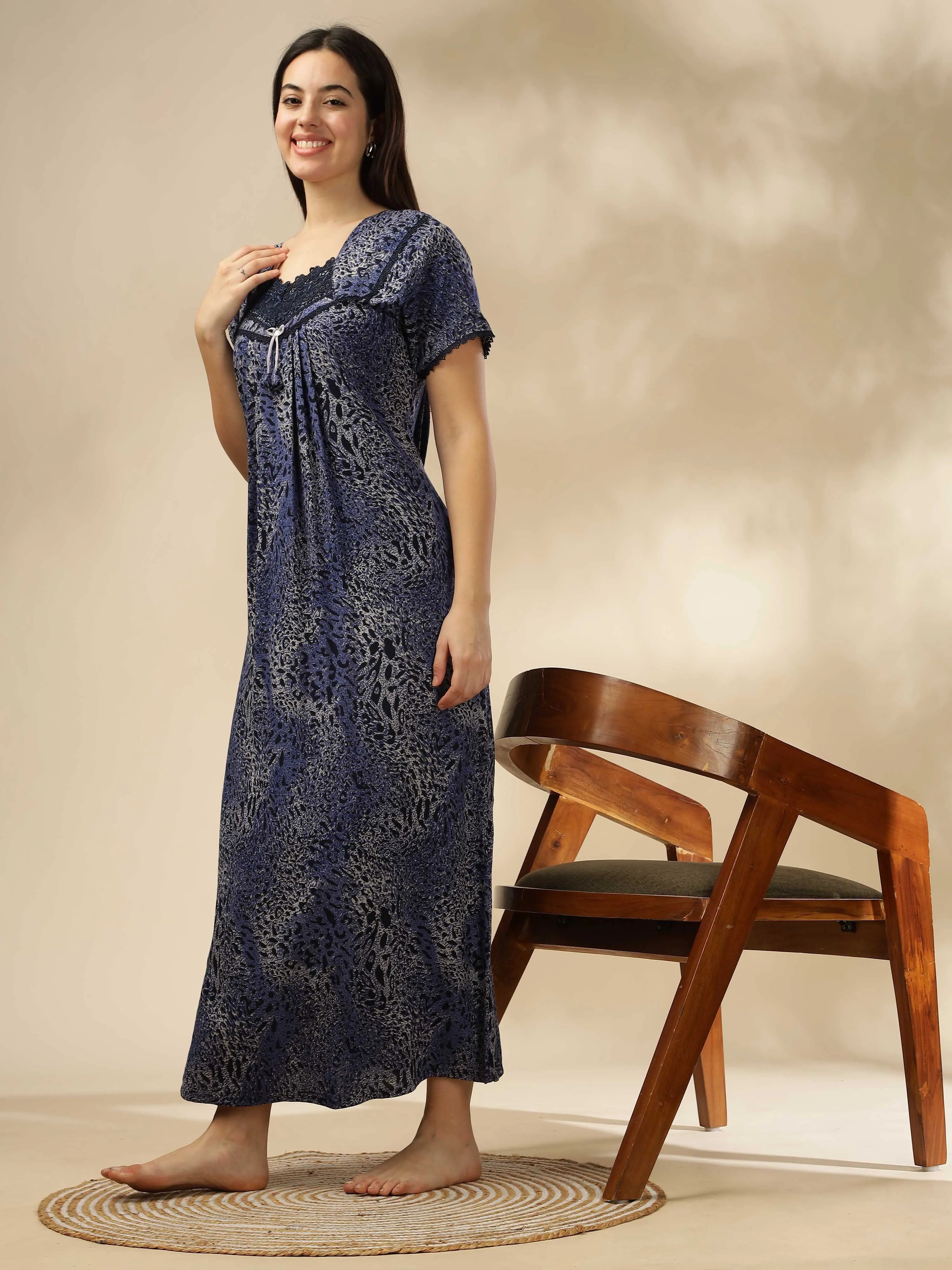 Blue Alpine Pleated Designer Nighty for Women With Soft & Elegant