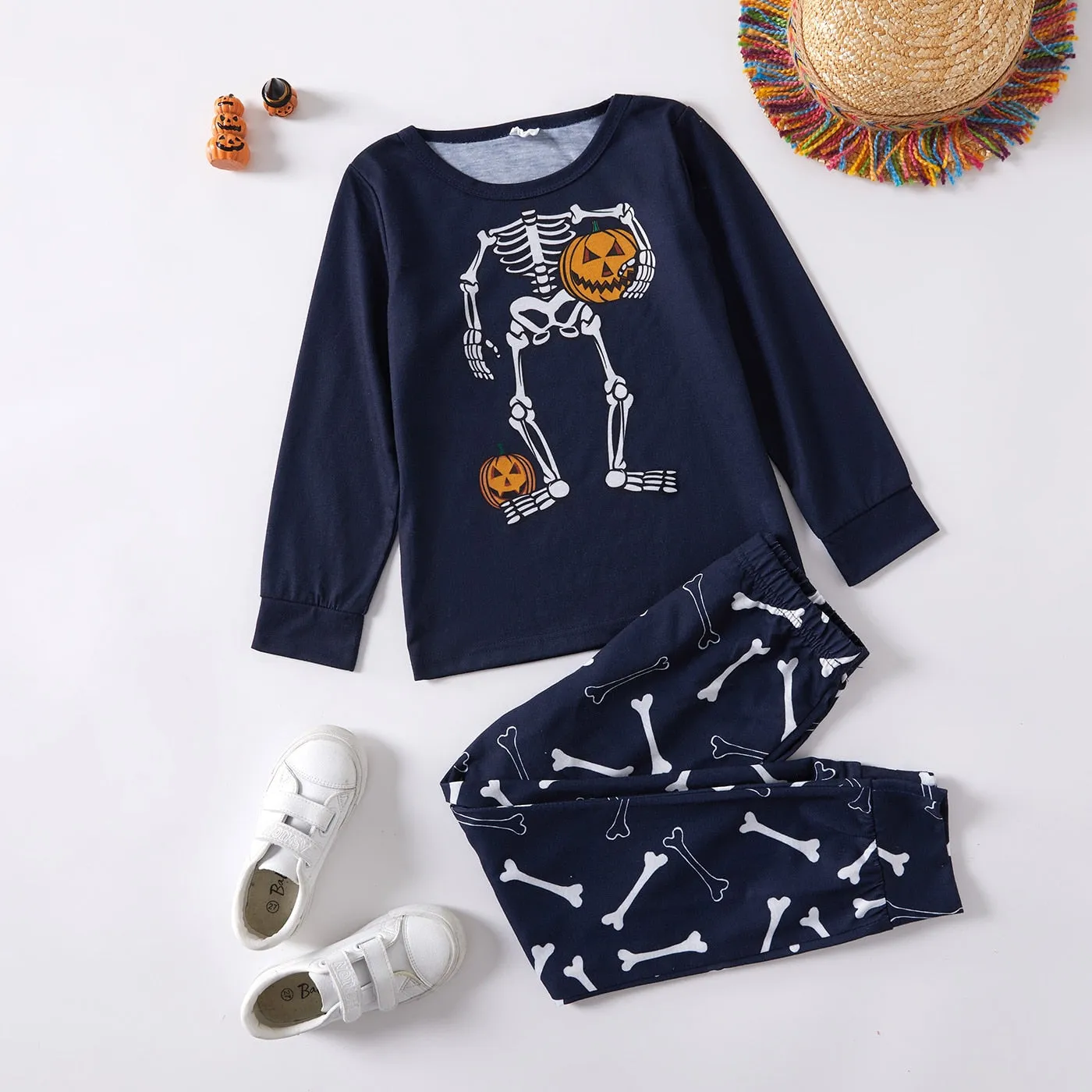 Boys Sleepwear Halloween Pumpkin Skeleton Print Long-sleeve Lounge Set