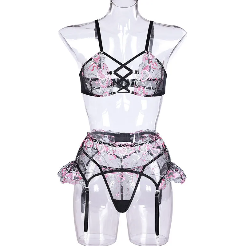 Carla Lingerie 3 Piece Set embroidered lingerie with Garter Belt Black & Pink