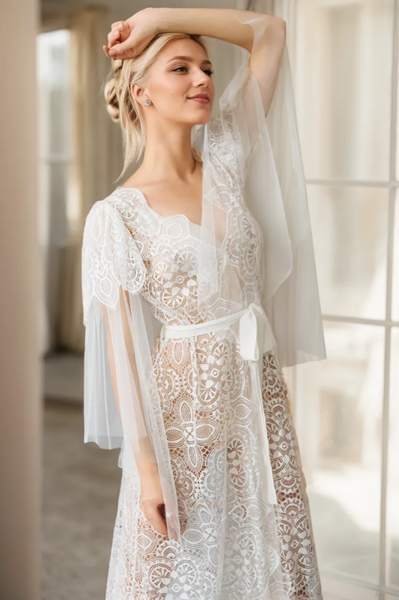 Chantilly floral lace tulle mesh long Lingerie Robe with train bridal robe