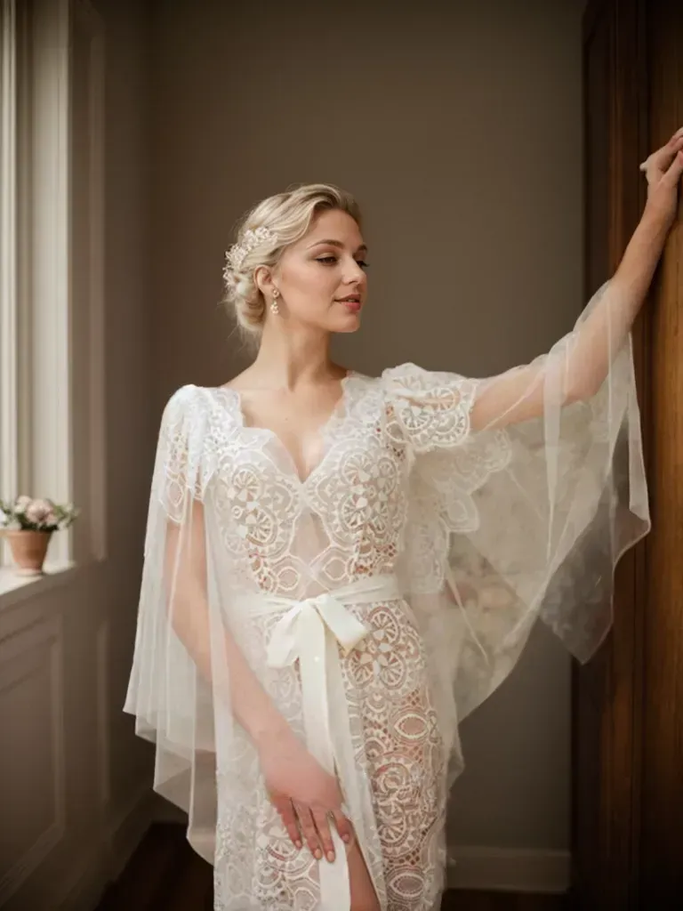 Chantilly floral lace tulle mesh long Lingerie Robe with train bridal robe