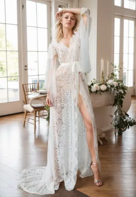 Chantilly floral lace tulle mesh long Lingerie Robe with train bridal robe