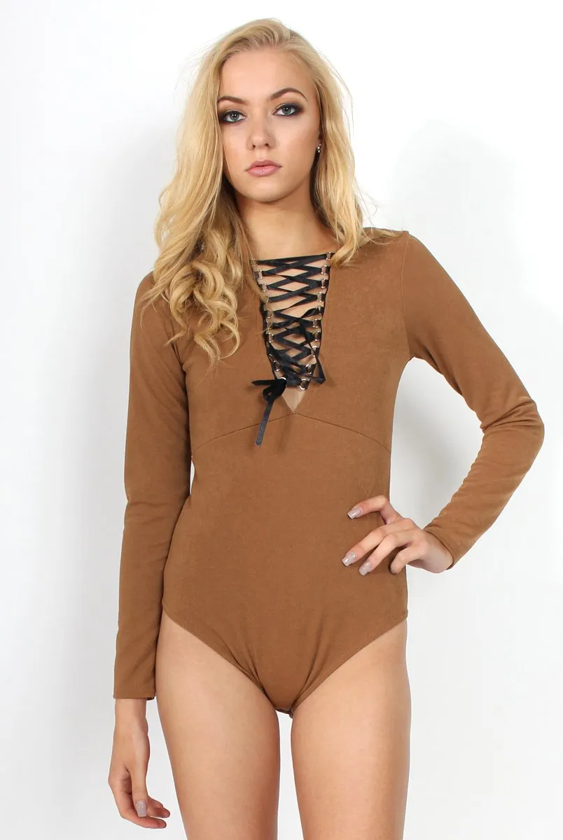 Cheryl Camel Tie Up Long Sleeved Bodysuit