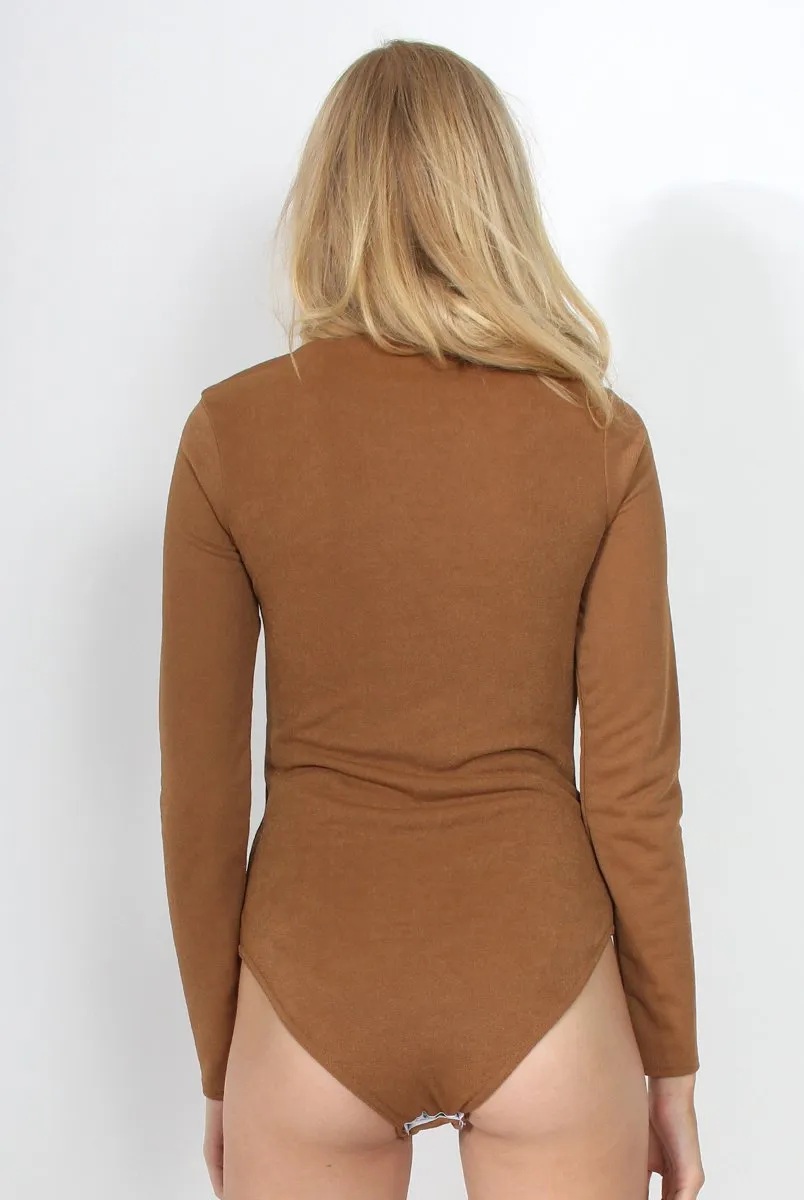 Cheryl Camel Tie Up Long Sleeved Bodysuit