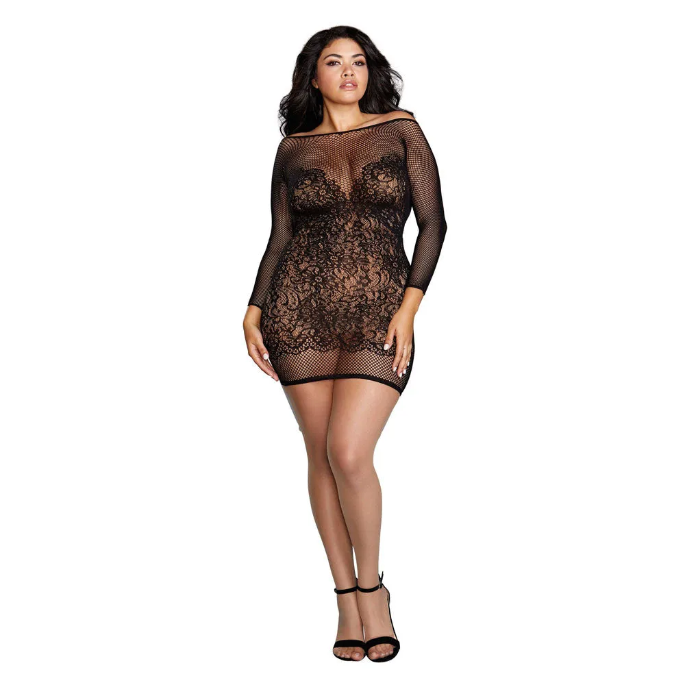 Dreamgirl Lingerie Fishnet & Lace Versatile Long-Sleeved Chemise Black 12246X