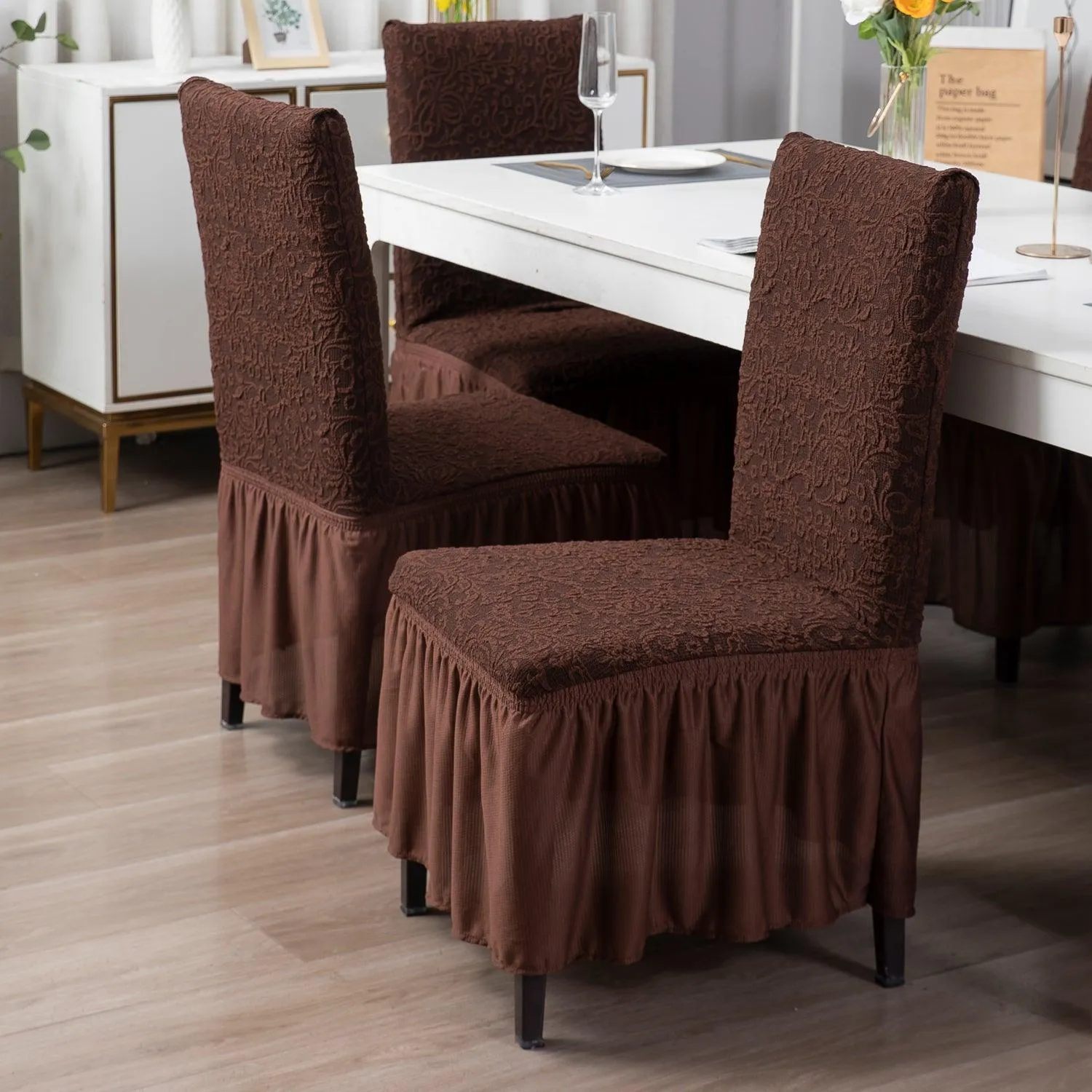 Elastic Stretchable Designer Woven Jacquard Dining Chair Cover with Frill, Pecan Brown