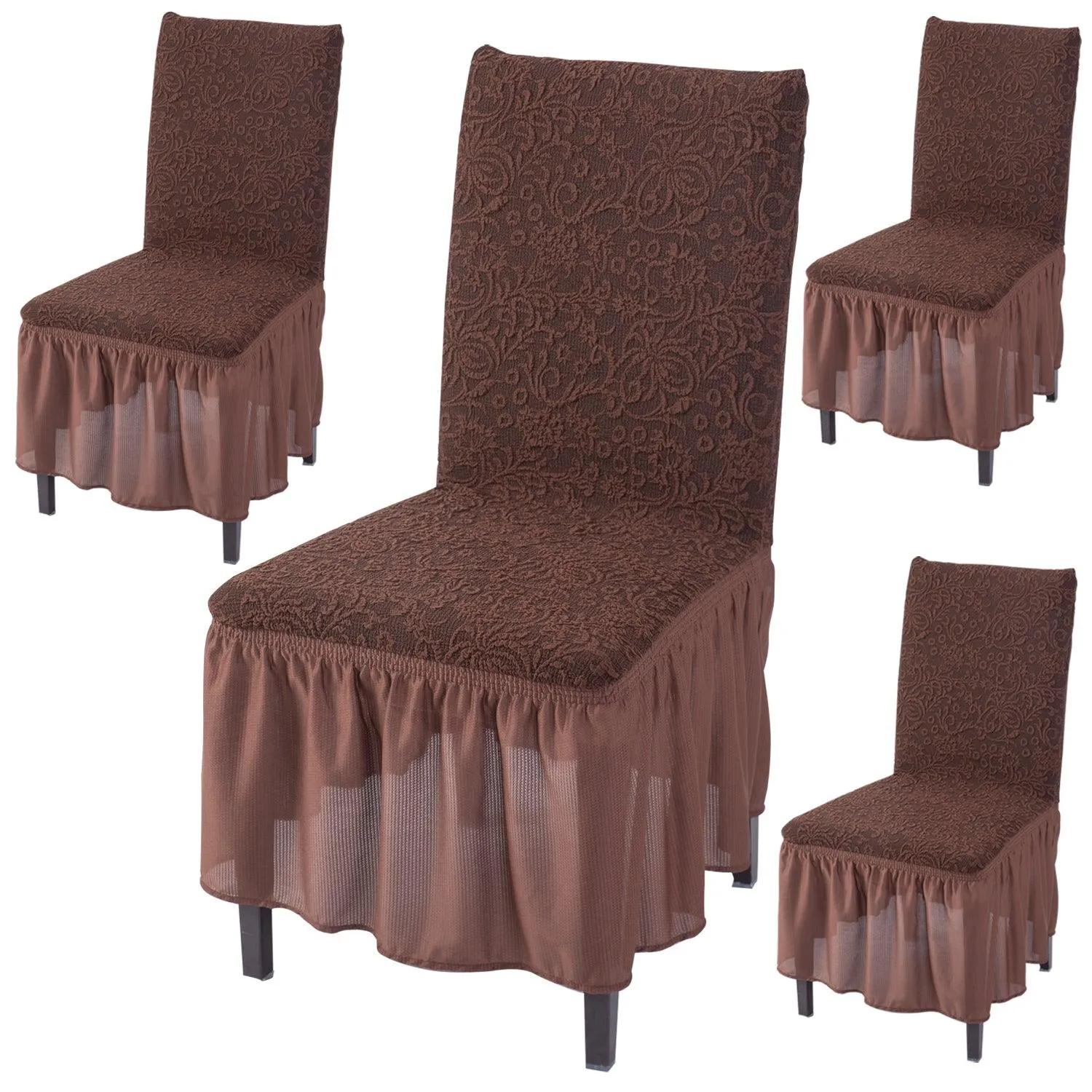 Elastic Stretchable Designer Woven Jacquard Dining Chair Cover with Frill, Pecan Brown