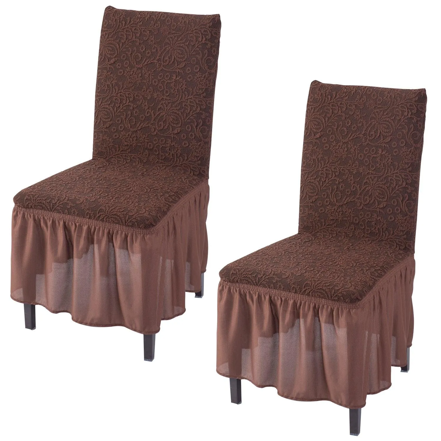 Elastic Stretchable Designer Woven Jacquard Dining Chair Cover with Frill, Pecan Brown