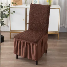 Elastic Stretchable Designer Woven Jacquard Dining Chair Cover with Frill, Pecan Brown