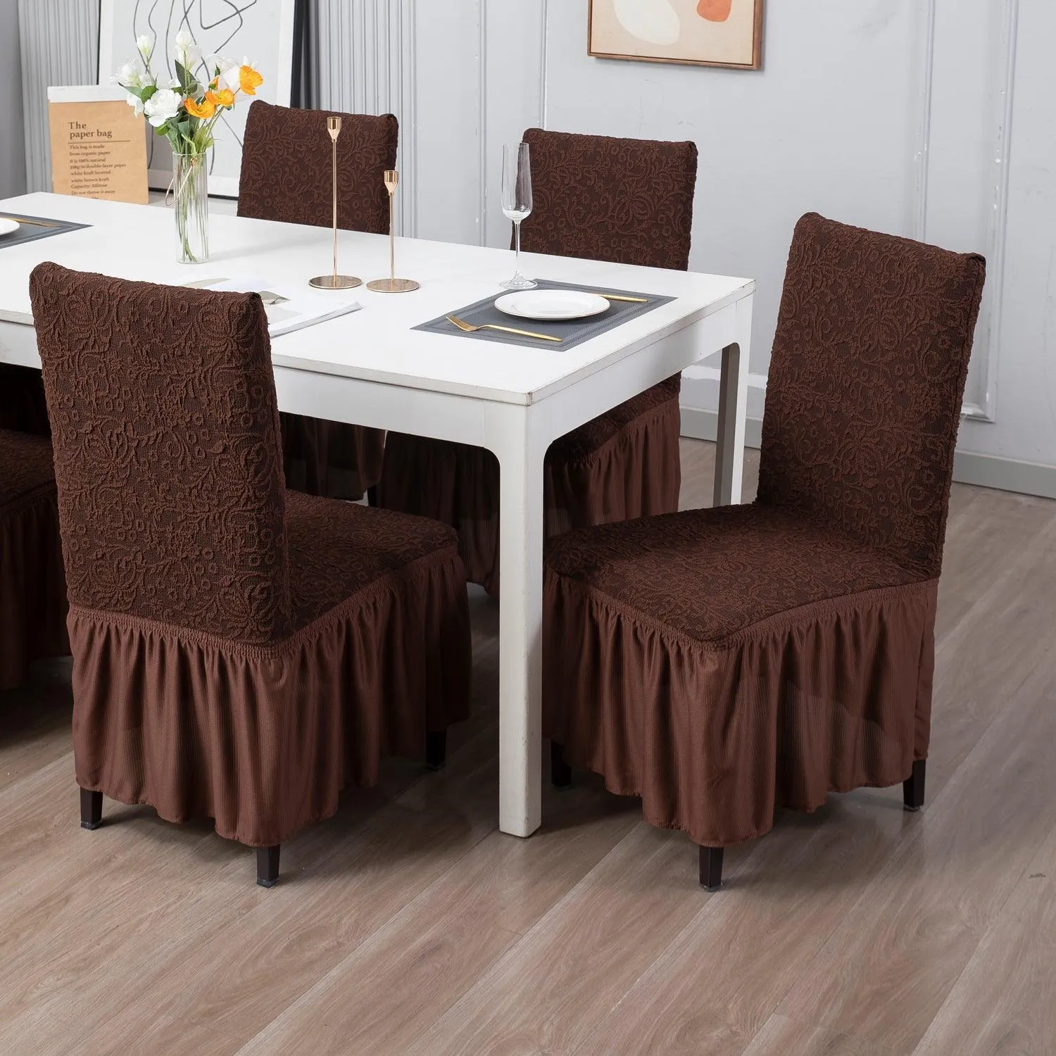 Elastic Stretchable Designer Woven Jacquard Dining Chair Cover with Frill, Pecan Brown