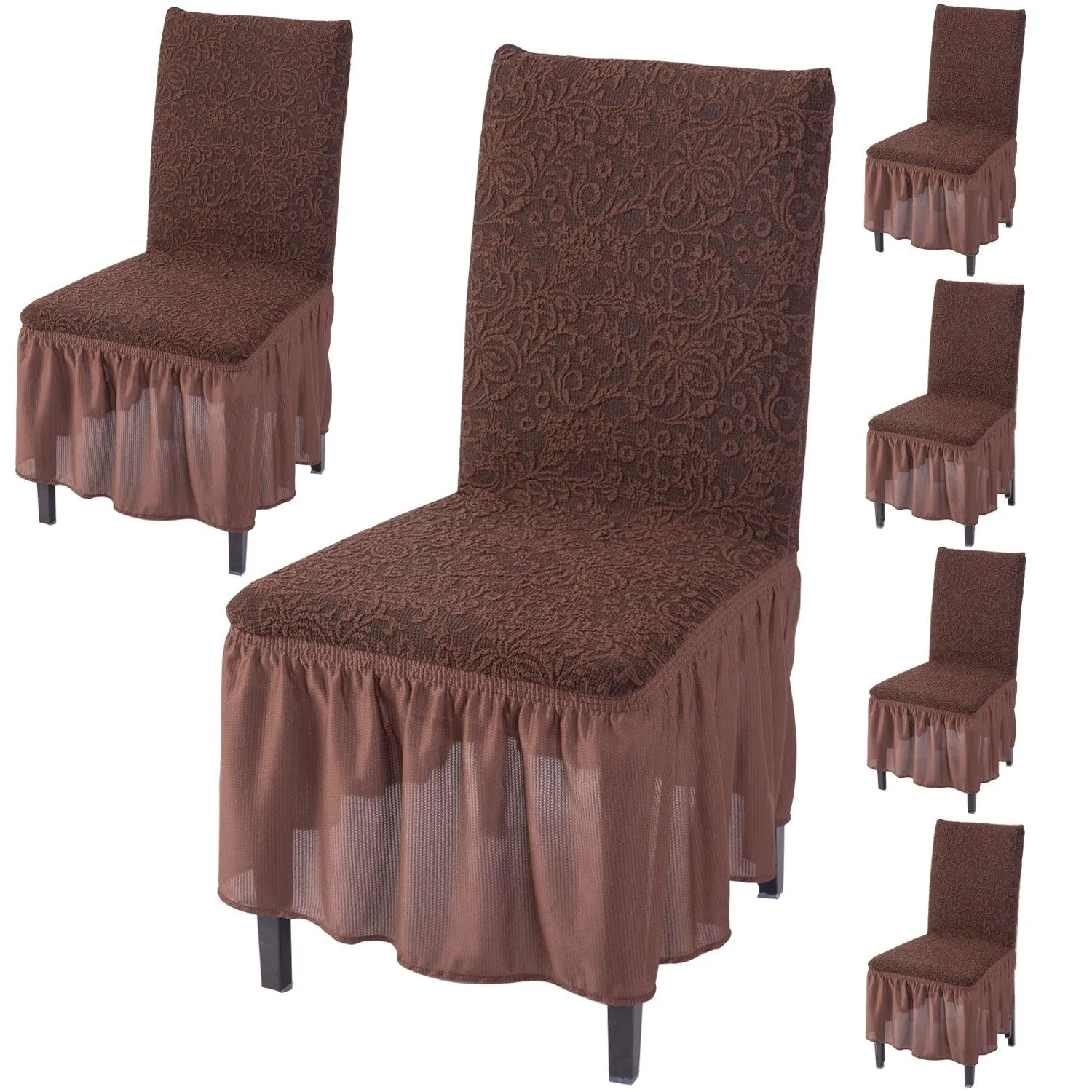 Elastic Stretchable Designer Woven Jacquard Dining Chair Cover with Frill, Pecan Brown