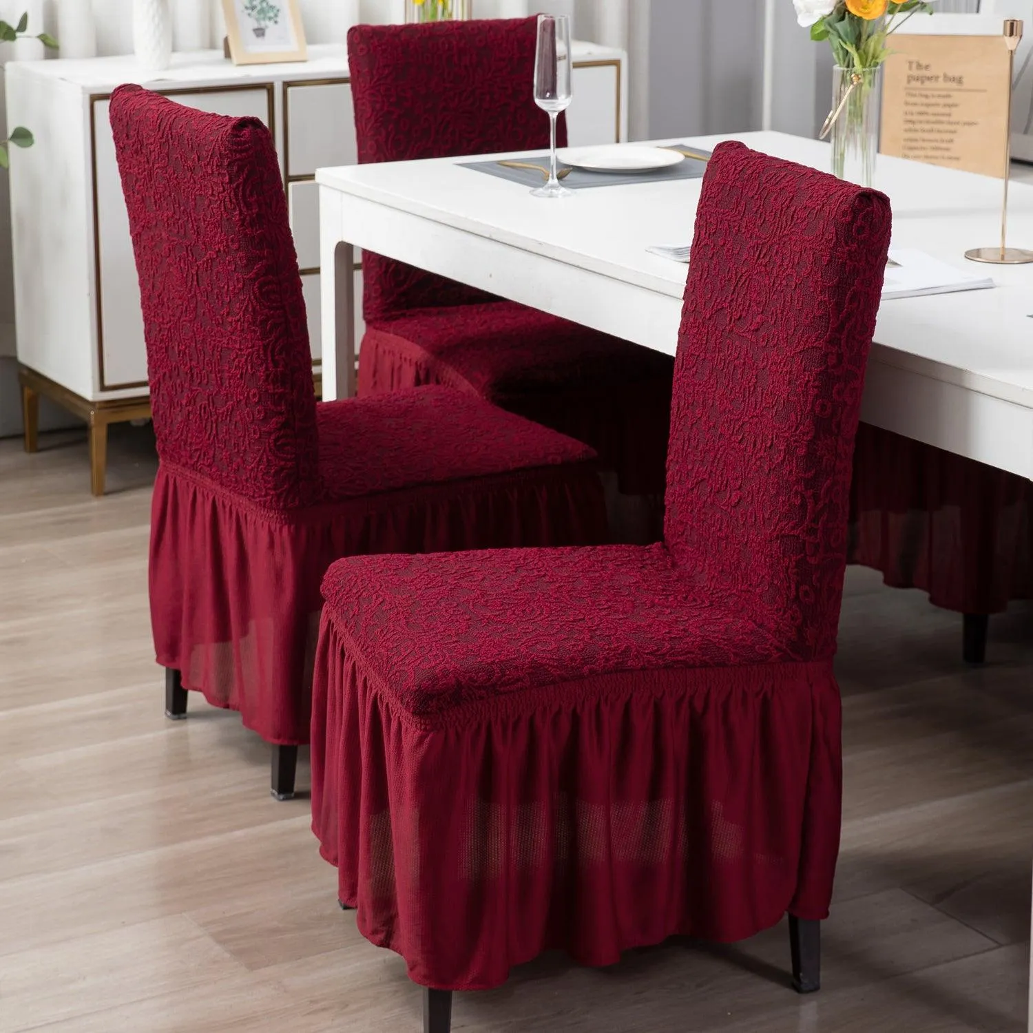 Elastic Stretchable Designer Woven Jacquard Dining Chair Cover with Frill, Wine Red