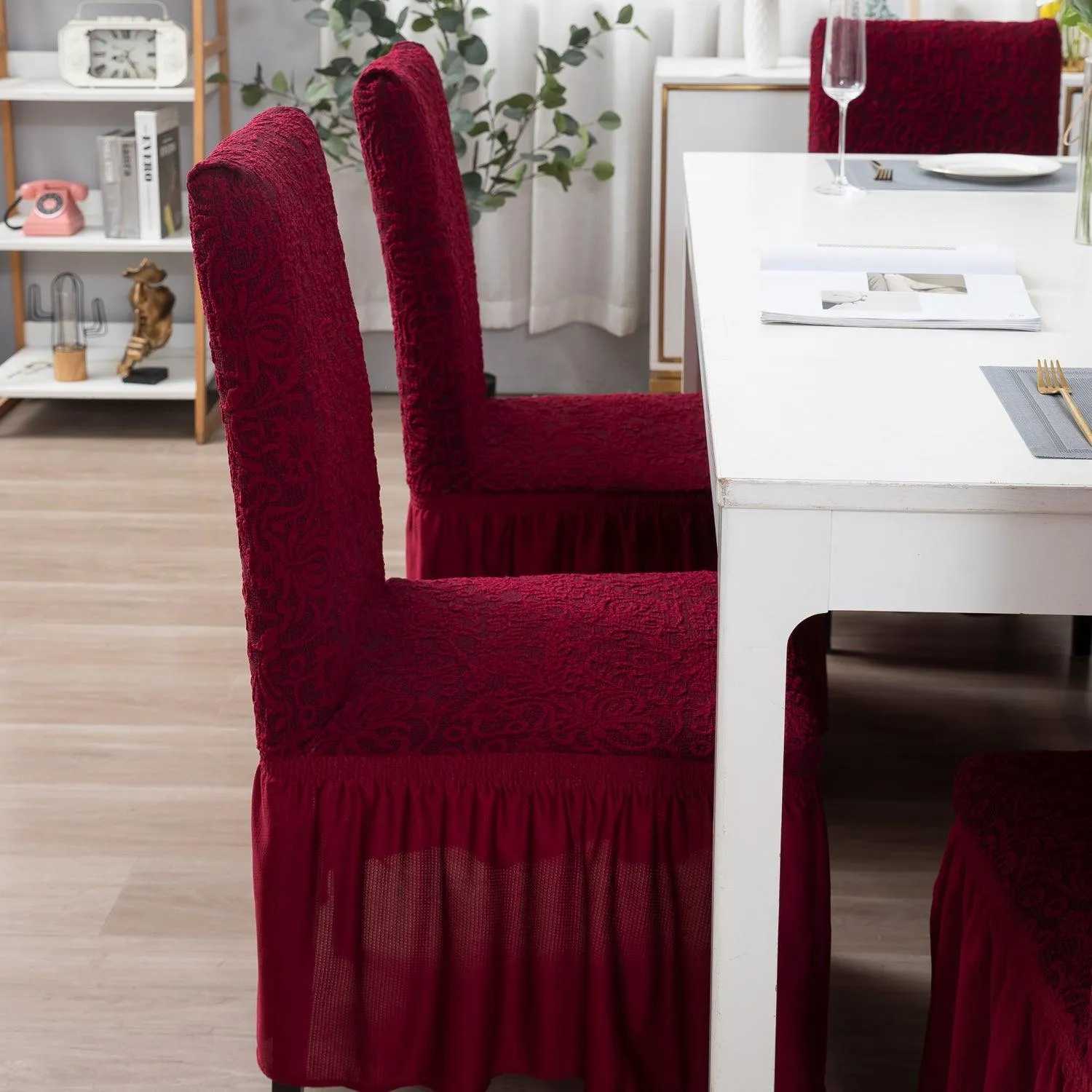 Elastic Stretchable Designer Woven Jacquard Dining Chair Cover with Frill, Wine Red