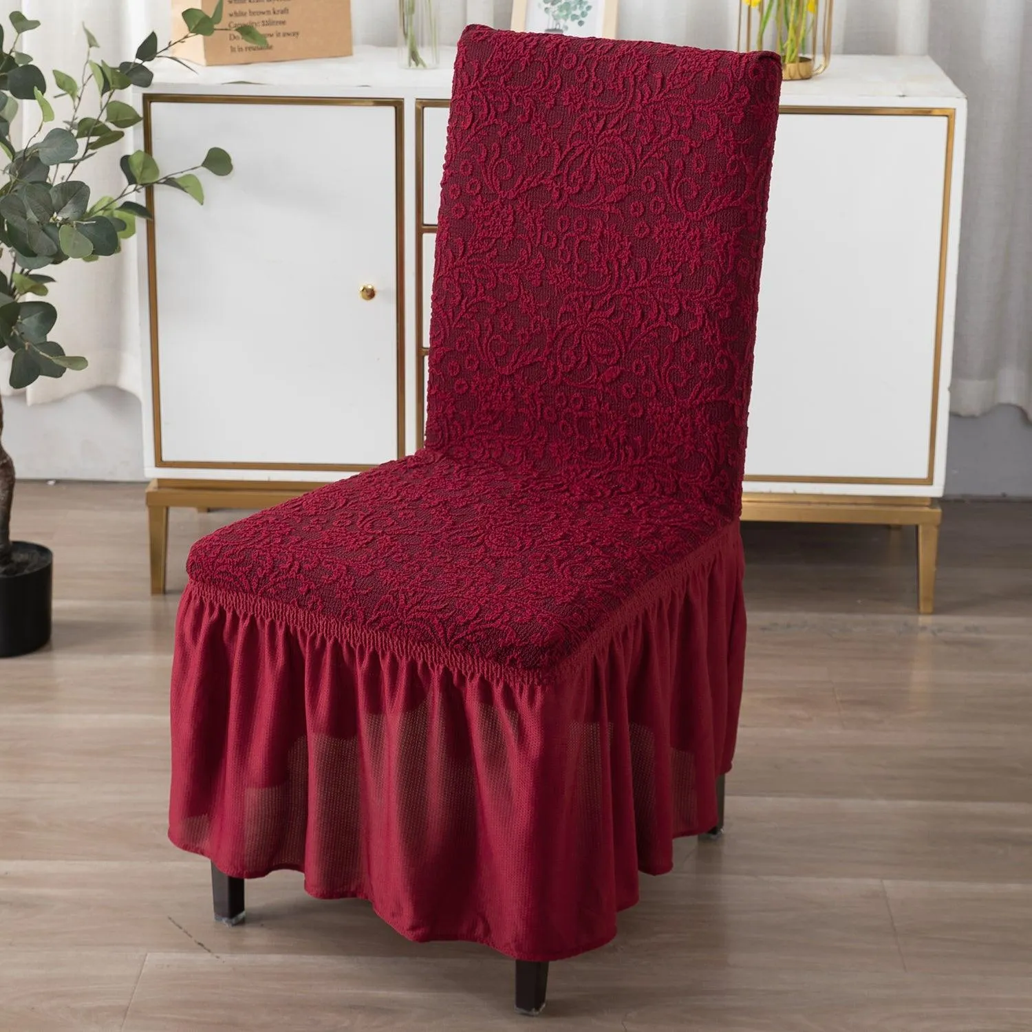 Elastic Stretchable Designer Woven Jacquard Dining Chair Cover with Frill, Wine Red