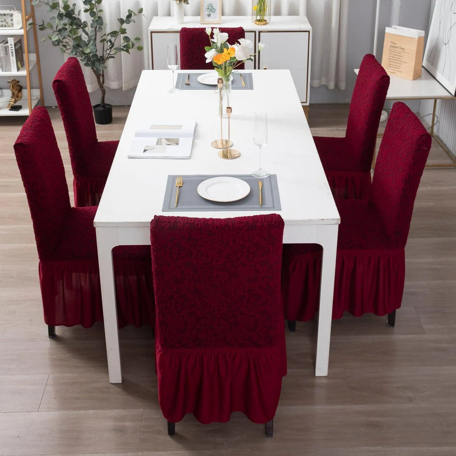 Elastic Stretchable Designer Woven Jacquard Dining Chair Cover with Frill, Wine Red