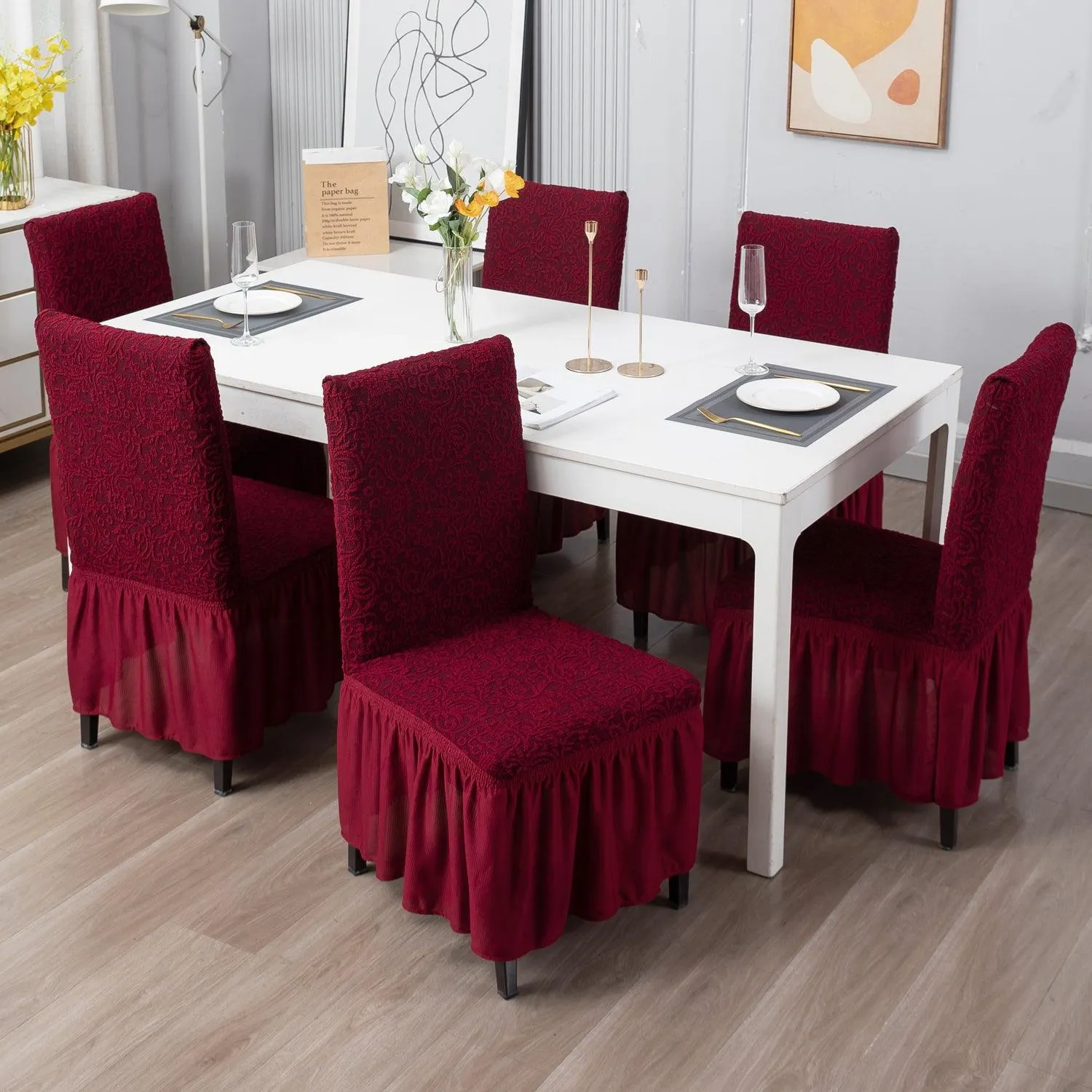 Elastic Stretchable Designer Woven Jacquard Dining Chair Cover with Frill, Wine Red