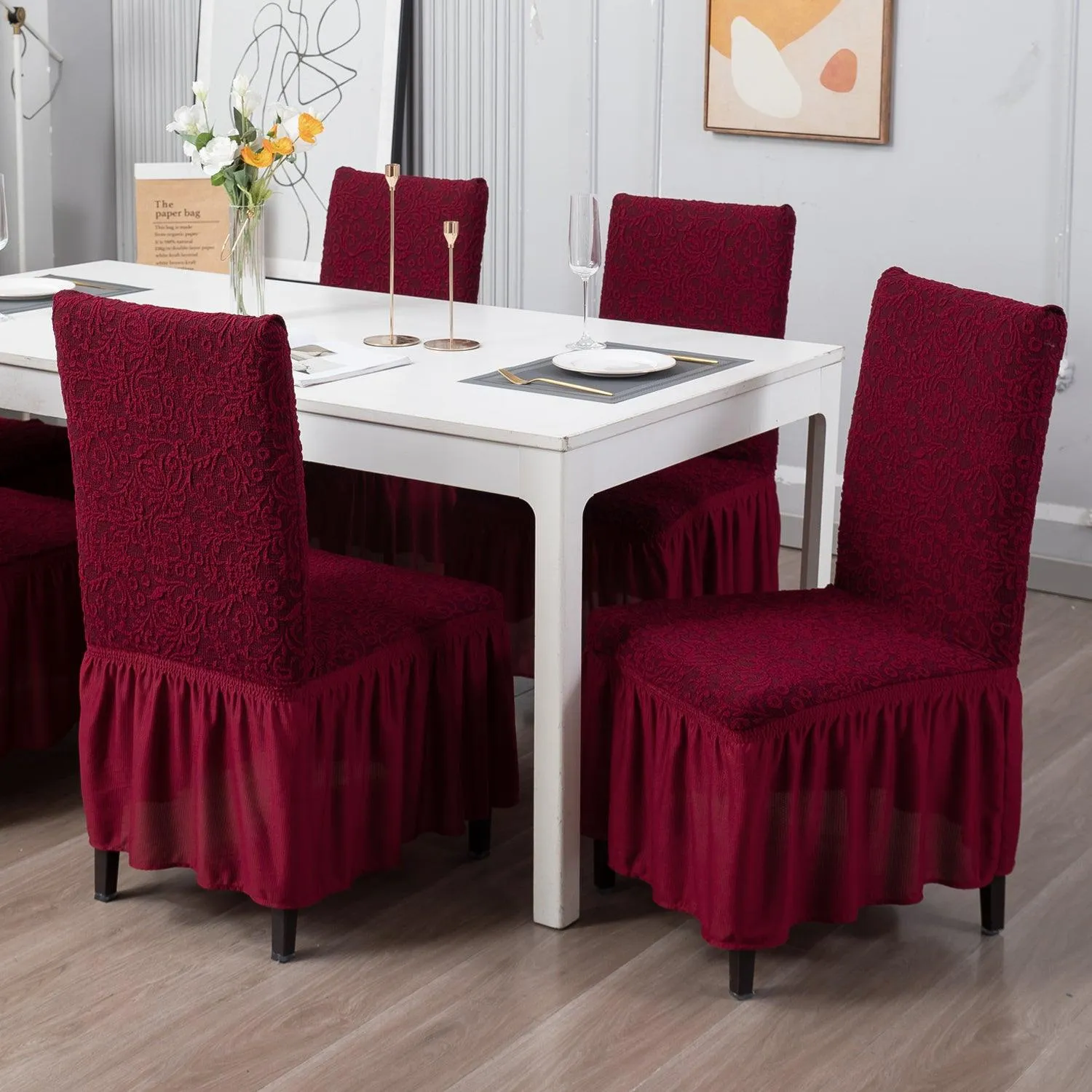 Elastic Stretchable Designer Woven Jacquard Dining Chair Cover with Frill, Wine Red