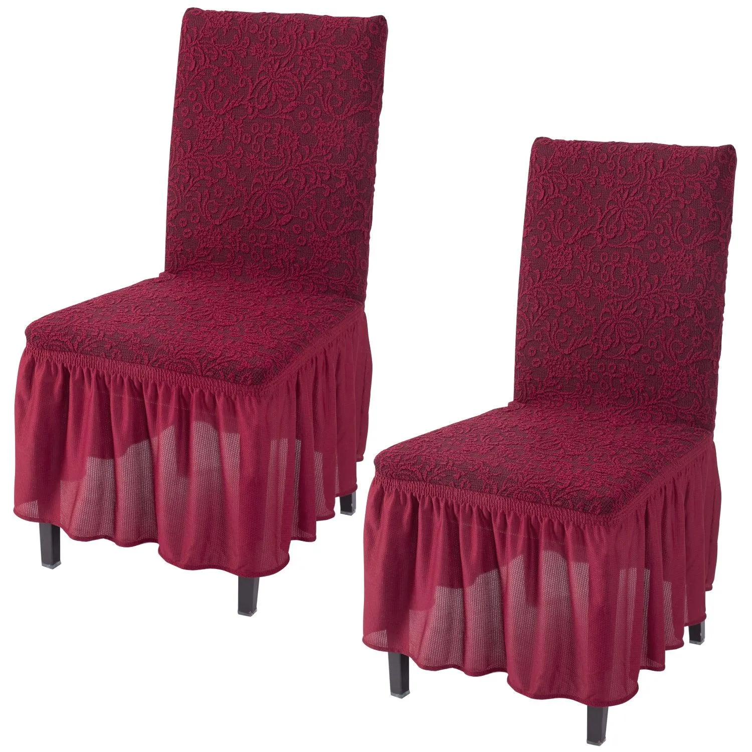 Elastic Stretchable Designer Woven Jacquard Dining Chair Cover with Frill, Wine Red