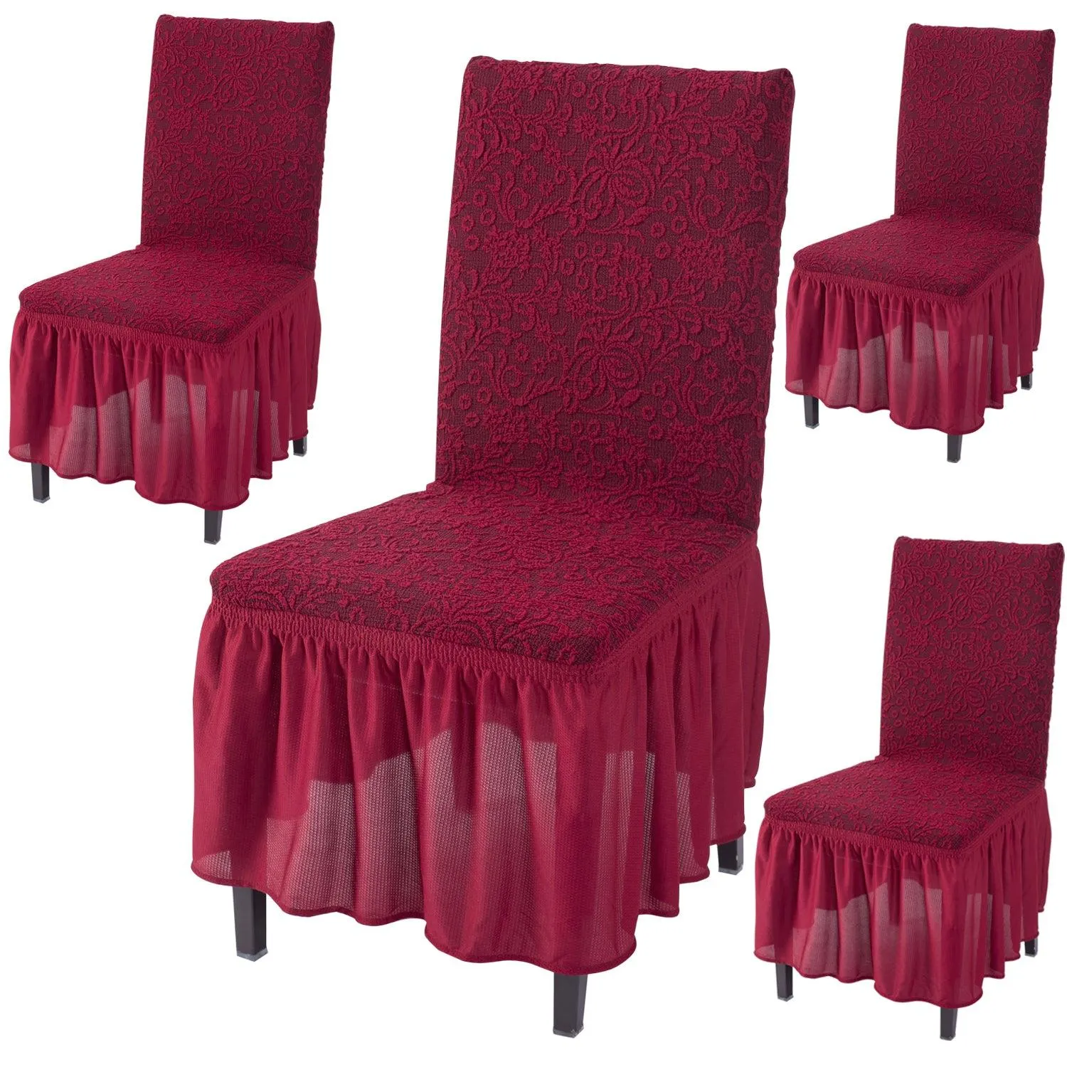 Elastic Stretchable Designer Woven Jacquard Dining Chair Cover with Frill, Wine Red