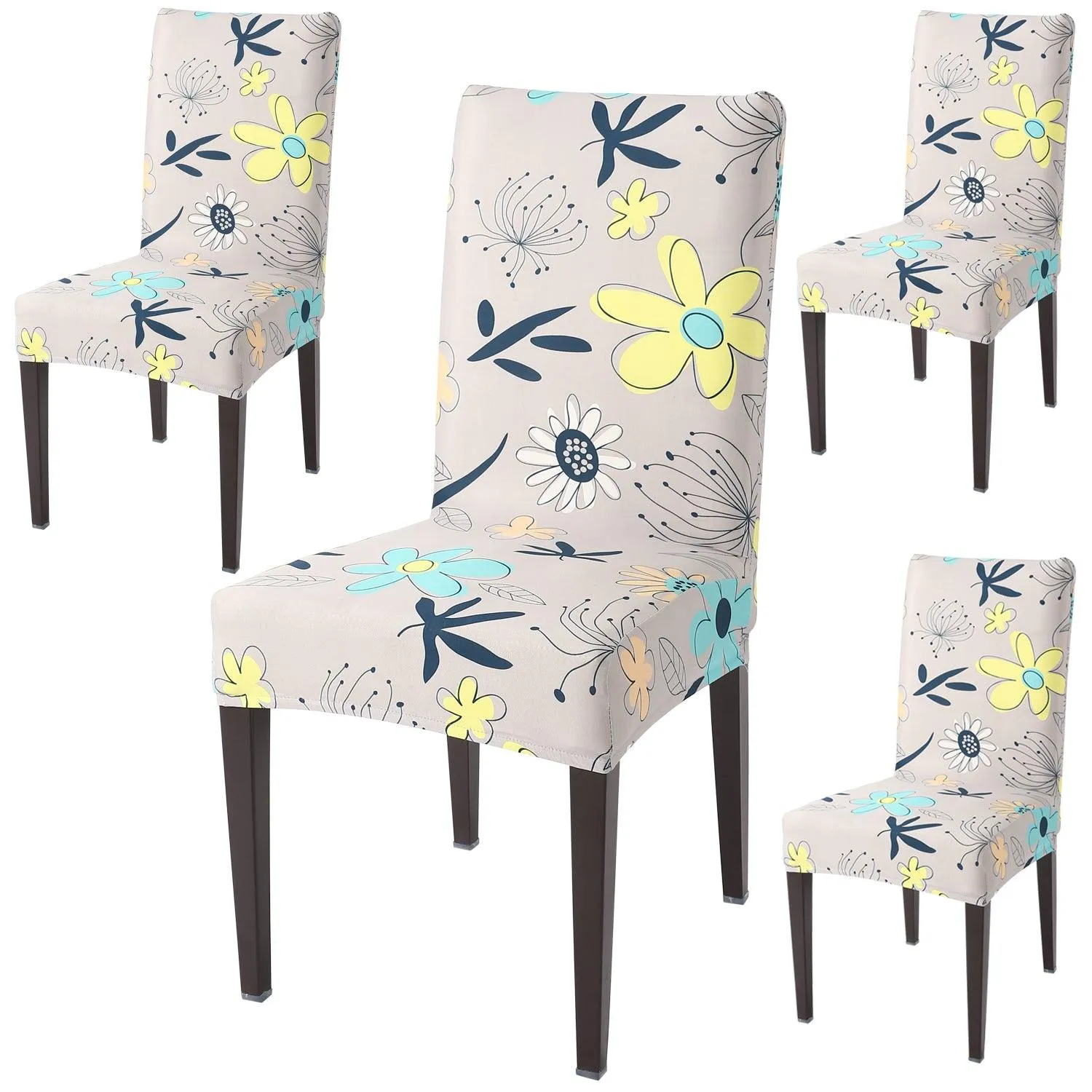 Elastic Stretchable Dining Chair Cover, Beige Mixed Flowers