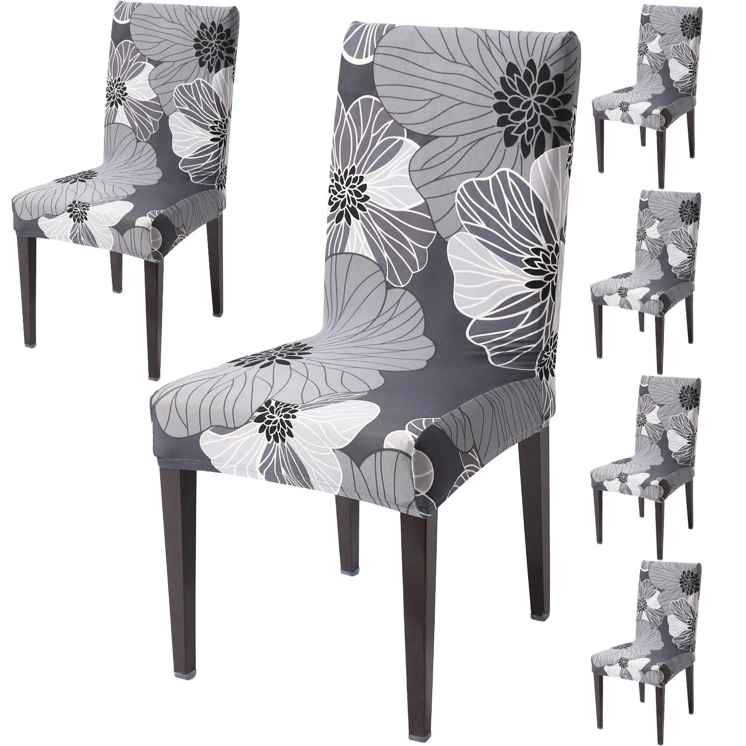 Elastic Stretchable Dining Chair Cover, Grey Hibiscus