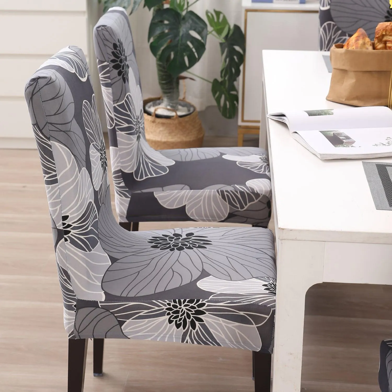 Elastic Stretchable Dining Chair Cover, Grey Hibiscus