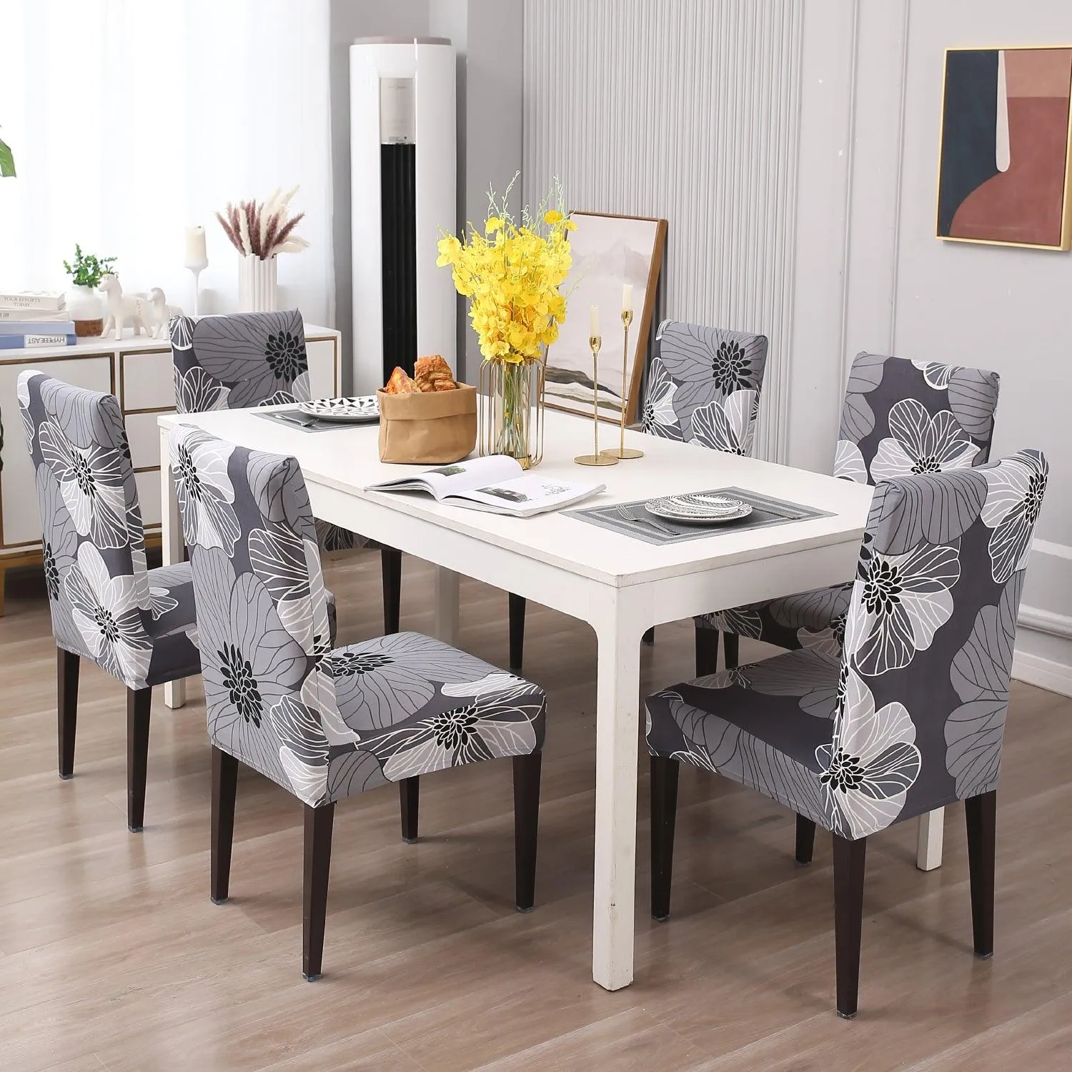 Elastic Stretchable Dining Chair Cover, Grey Hibiscus